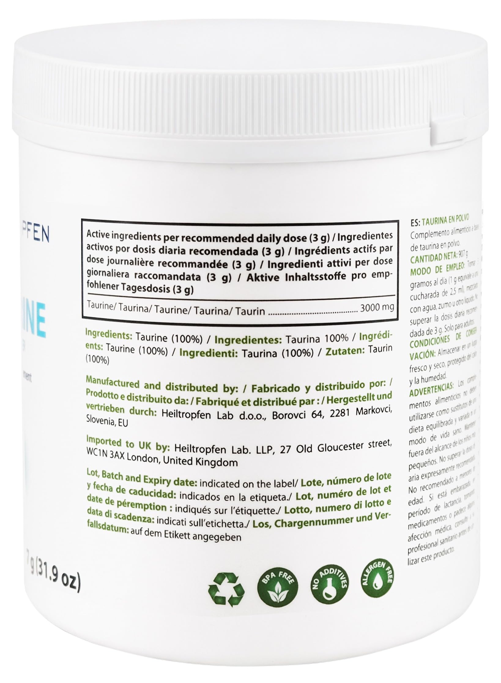 Taurina in Polvere | 907 g | Polvere Pura al 100% | Senza Aroma | Singolo Ingrediente | Senza Capsule | Integratore Alimentare |