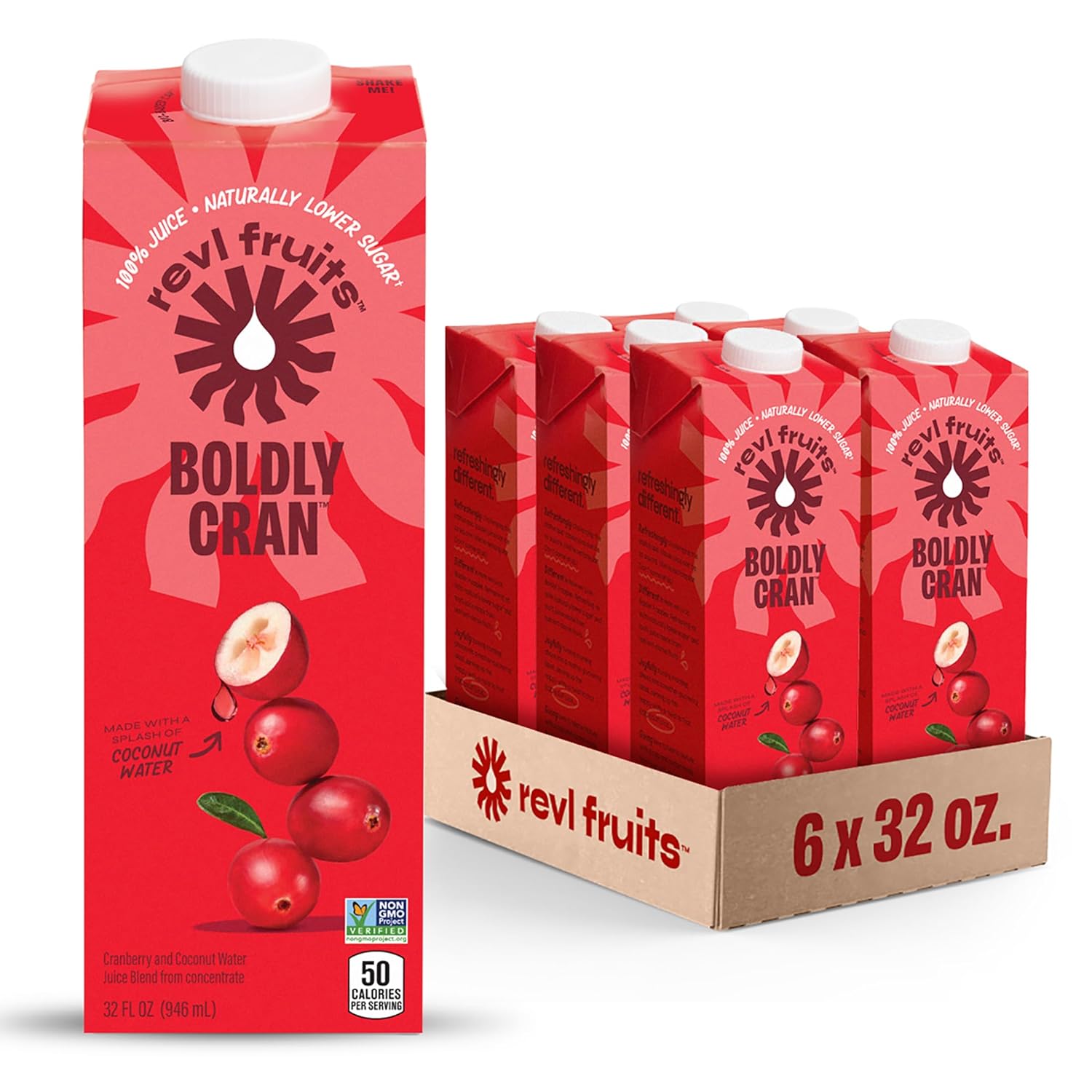 Revl Fruits™ 100% Juice, Boldly Cran™ Cranberry Juice, No Added Sugar, 32 fl oz. Carton (Pack of 6) Boldly Cran 32 Fl Oz (Pack of 6)( BB:25/Nov 25)