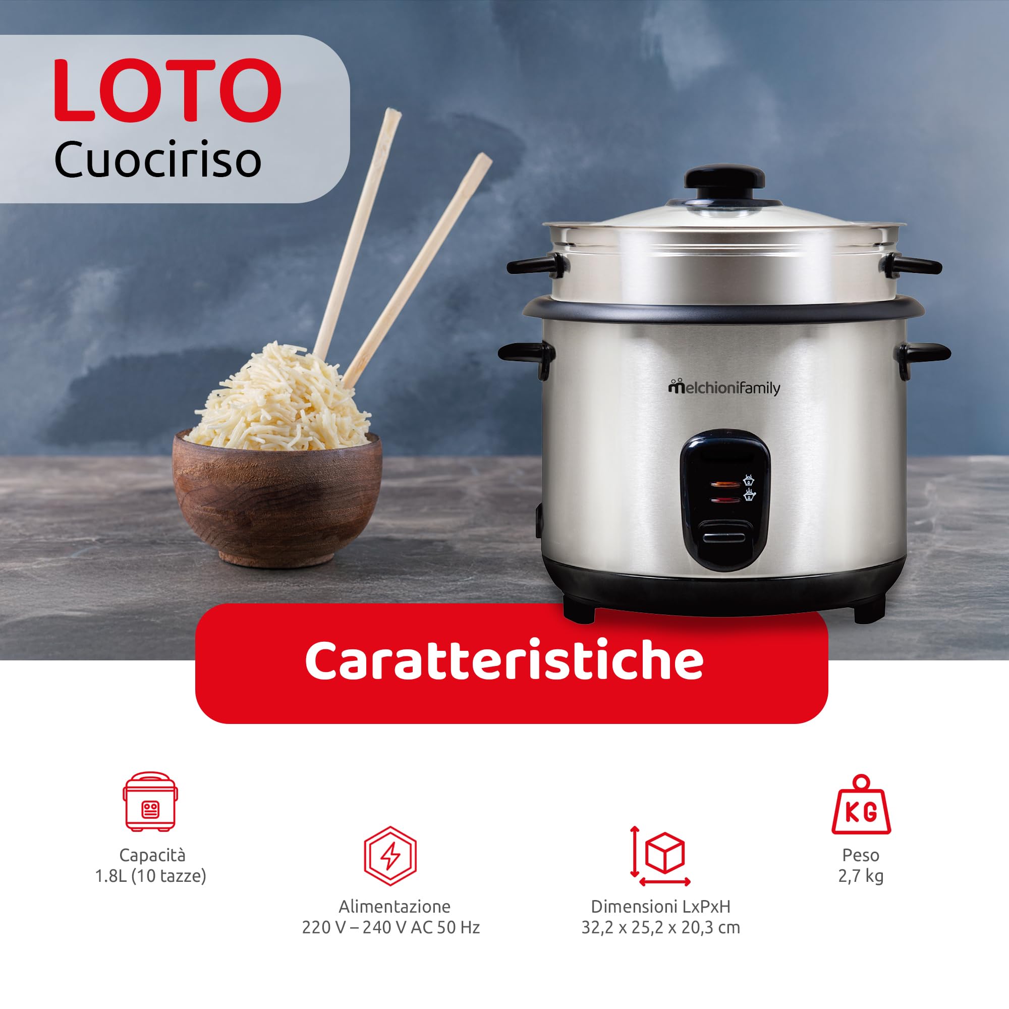 Melchioni Family | LOTO Cuociriso 1.8L con Cottura e Riscaldamento, Coperchio in Vetro, Antiaderente, Spegnimento Automatico, Vapore, 800W, Accessori Inclusi