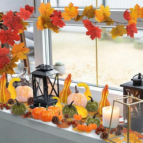 Miniatura 6 de Jaciya Juego de 51 piezas de decoración de hojas de otoño, decoraciones de Acción de Gracias, mini calabazas para decorar guirnaldas de otoño para