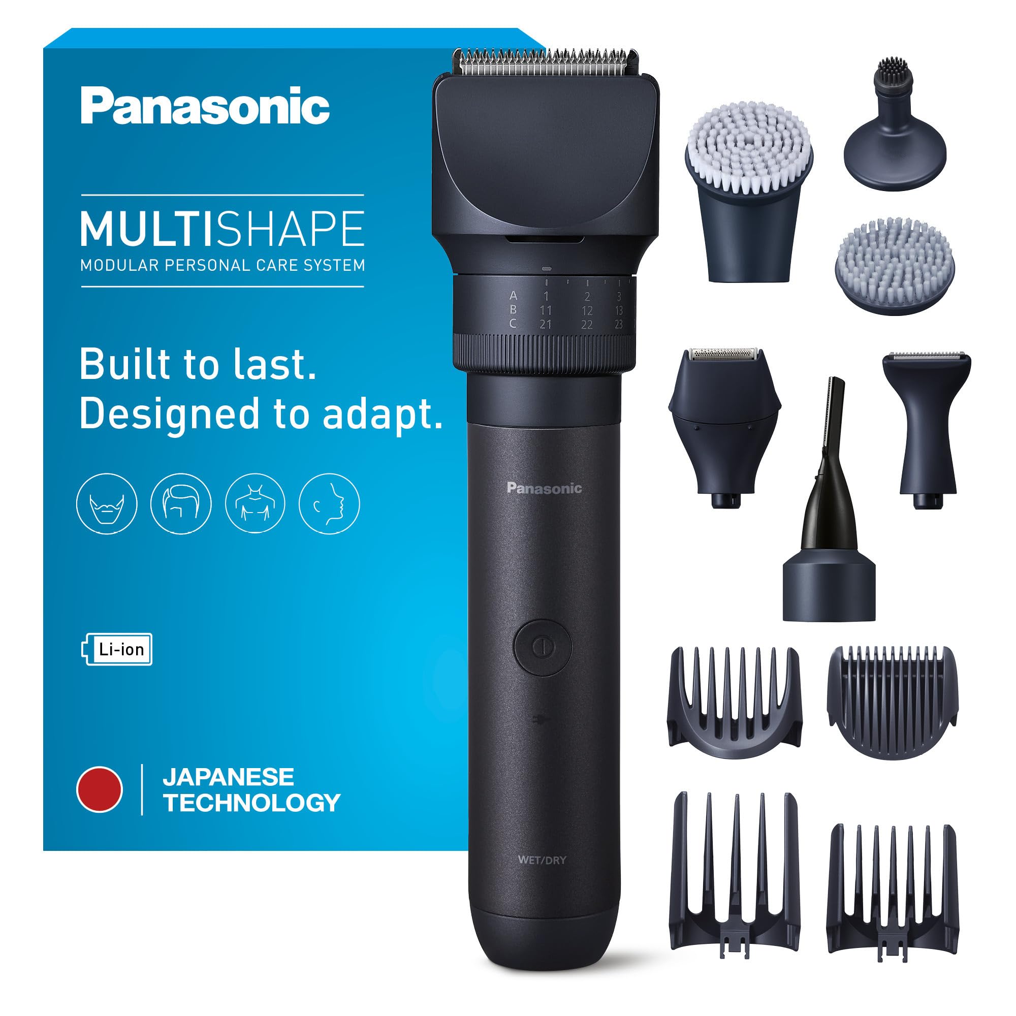 Panasonic MULTISHAPE ER-CKL2, ER-CDT1 & ER-CFB1 Paquete, Unidad principal, Accesorios Cabezales de Afeitado y Recorte, Cortabarbas y cortapelos, Cepillo Facial con batería de ion-litio, Negro