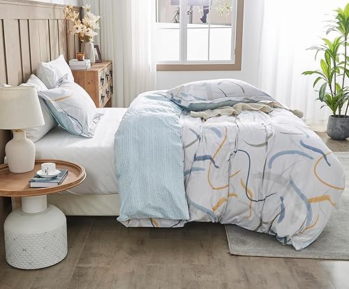 Miniatura 3 de SLEEPBELLA Funda de edredón geométrica moderna, tamaño Queen, diseño de líneas geométricas abstractas amarillas y azules, para decoración de