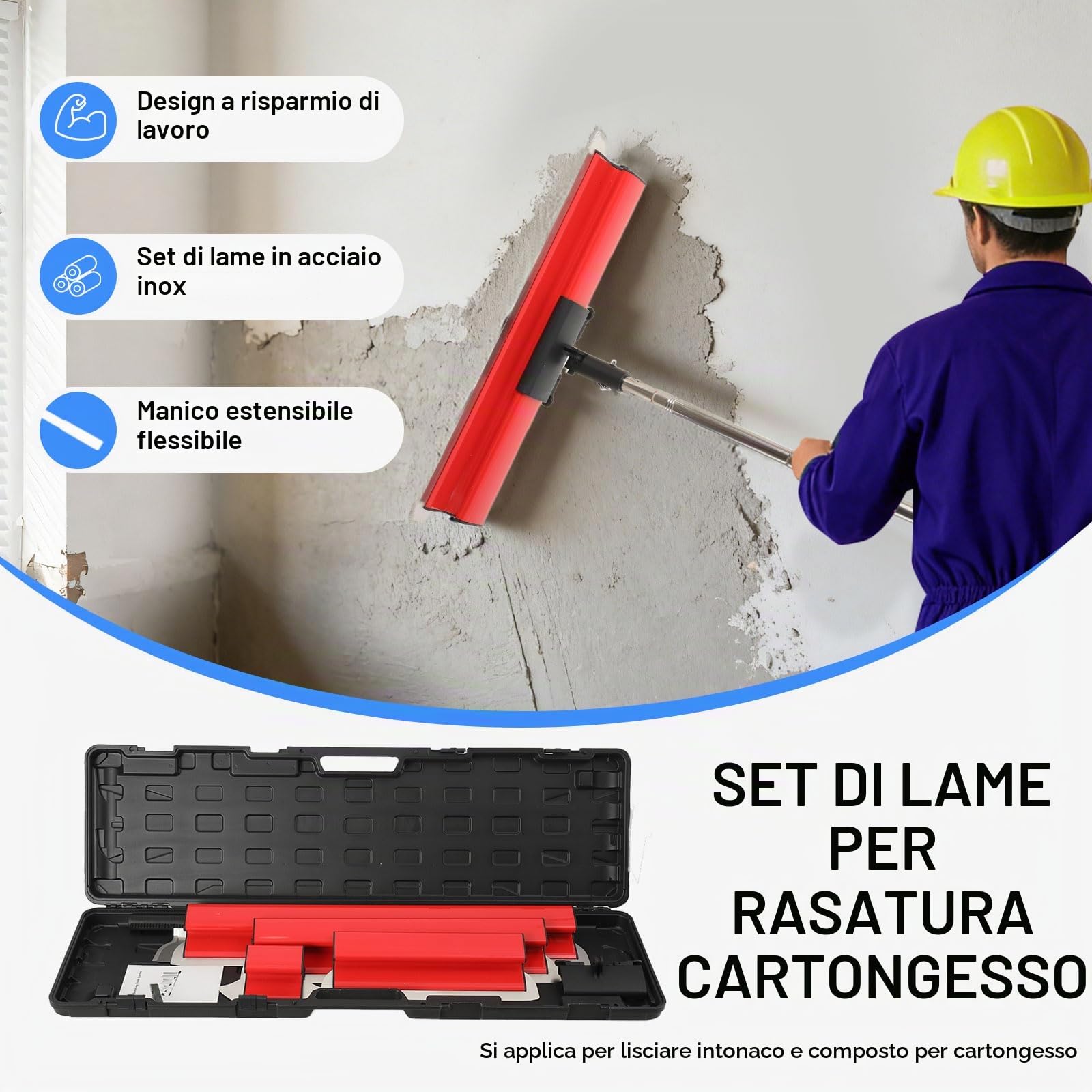 Spatola per Stucco Kit, Kit Spatole Professionali per Lisciatura, Spatola per Superfici con Maniglia di Estensione, Spatola di Finitura 25cm+40cm+60cm+80cm