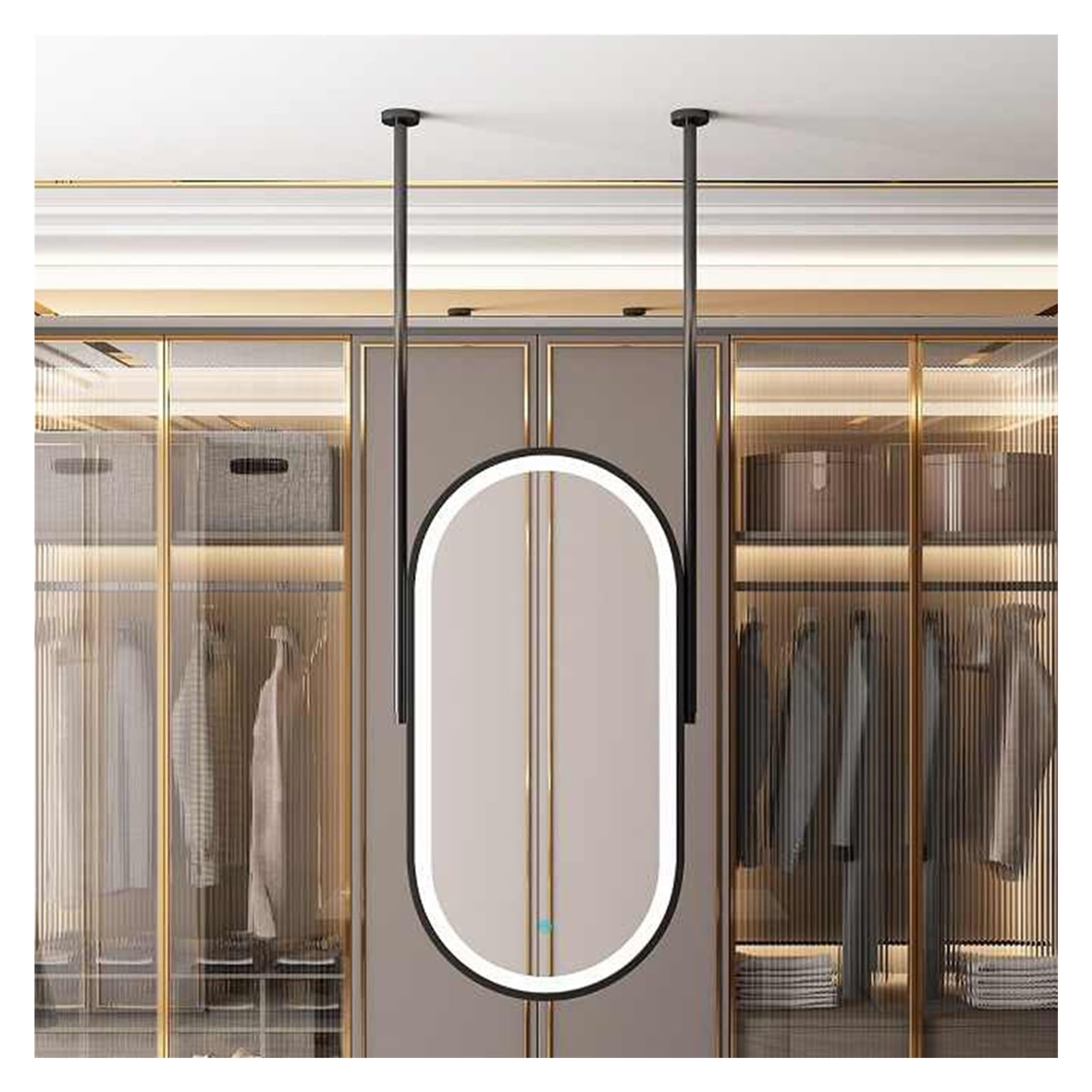 MESOVFCA Oval Ceiling-Mounted Mirror with LED Lighting and Dimmable in Three Colors, Suitable for Entryways, Cloakrooms, Home Decor(Black,50x100cm)