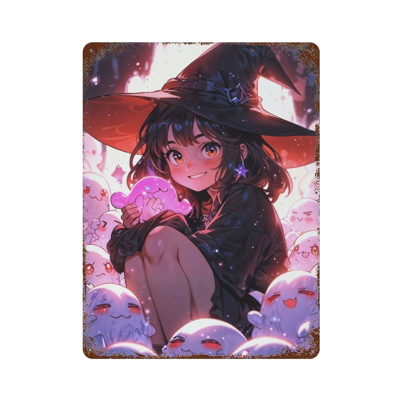 Smiling Brunette Witch 15.7"x11.8" Rust Effect Tin Sign, Rustic Home Decor for Office, Studio And Wall Decor