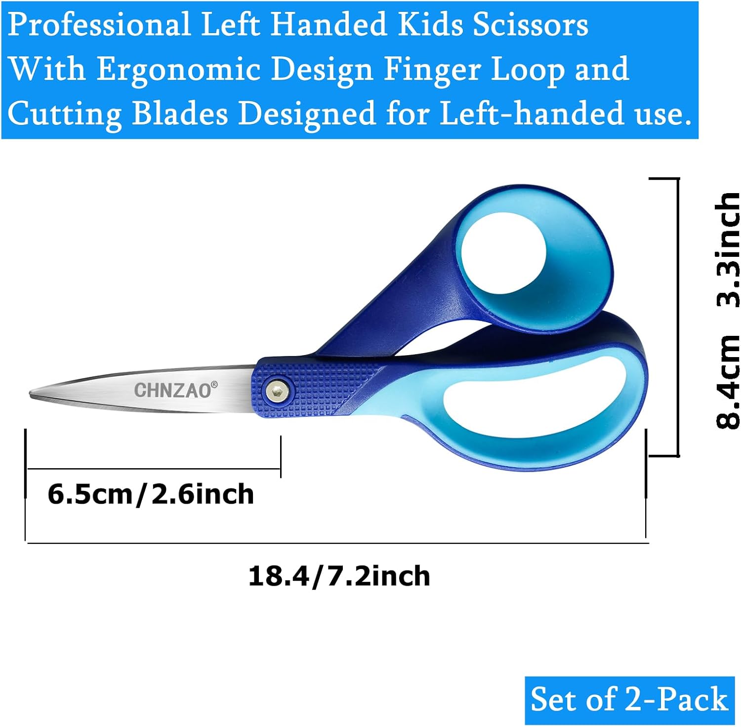 7" Left Handed Scissors Kids,Lefty Big Kids Scissors for Ages 8+ Pointed Tip Stainless Steel Blade Soft Comfort-Grip,Great for School,Classroom,Arts,Home
