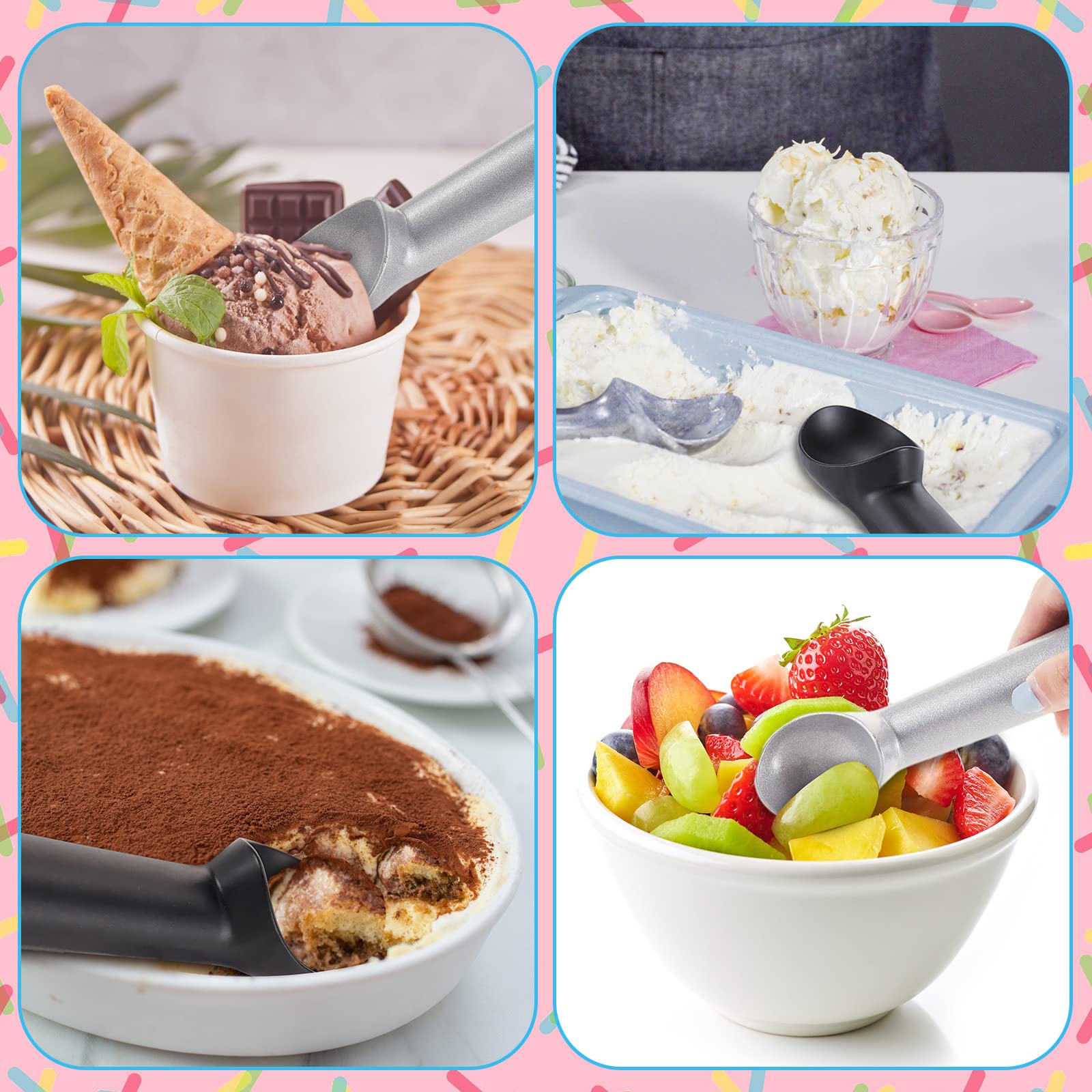 Gejoy Lot de 8 cuillères à crème glacée antiadhésives de 17,8 cm en aluminium pour gelatos, yaourt, fruits, sundaes, sorbet, amande, pâte à biscuits, noir et argenté