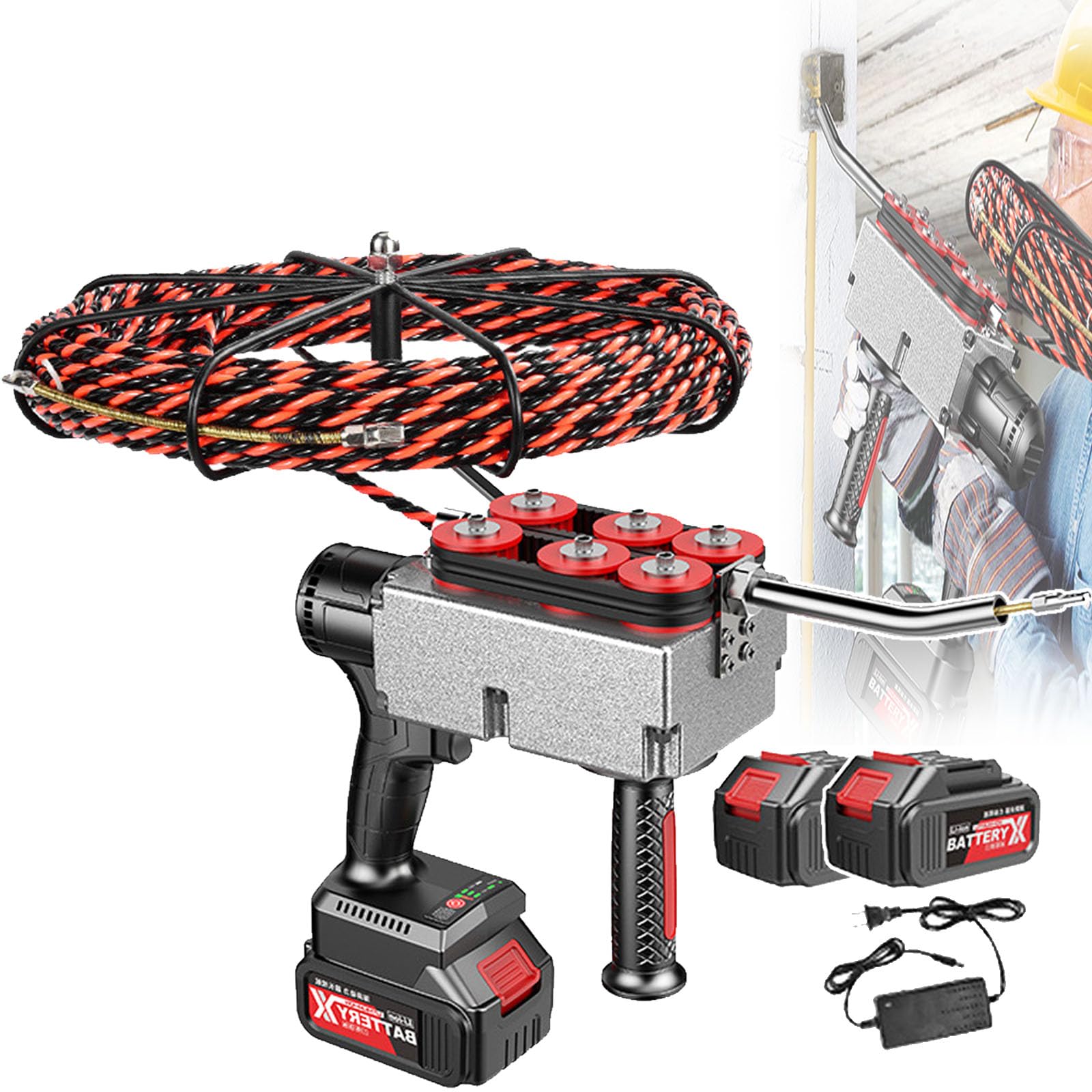 Electrician Stringing Wire Puller, 40m/Min Cordless Electric Threading Machine With Batteries,15m/30m Lead Wire,6 Wheel Drive，Automatic Wire Winding And Storage For Construction Hydropower