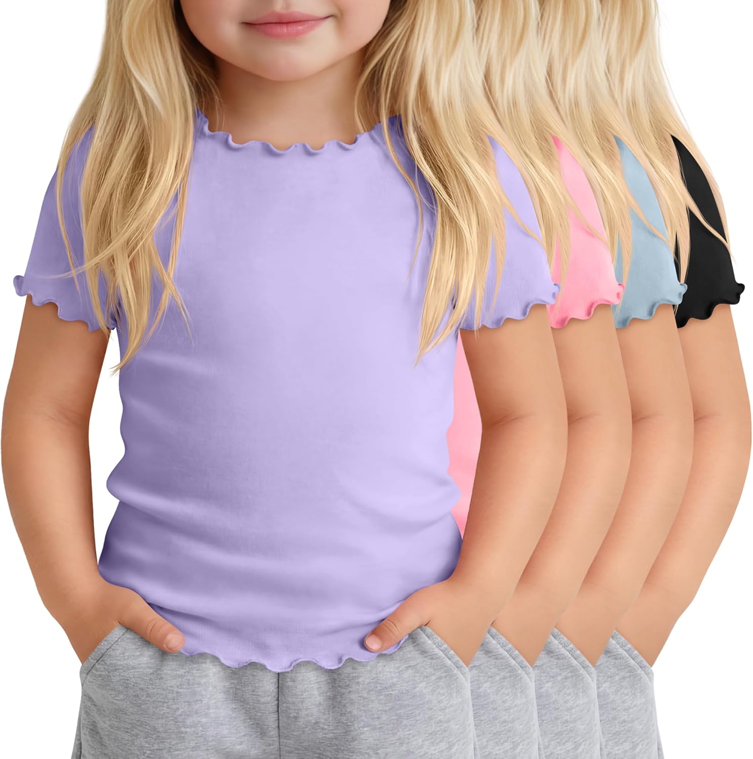 Oakgarden 4 Pack Toddler Girls' Short Sleeve Shirts Lettuce Trim Fitted Crew Neck Tops Kids Basic Cute Tees 18M-5T