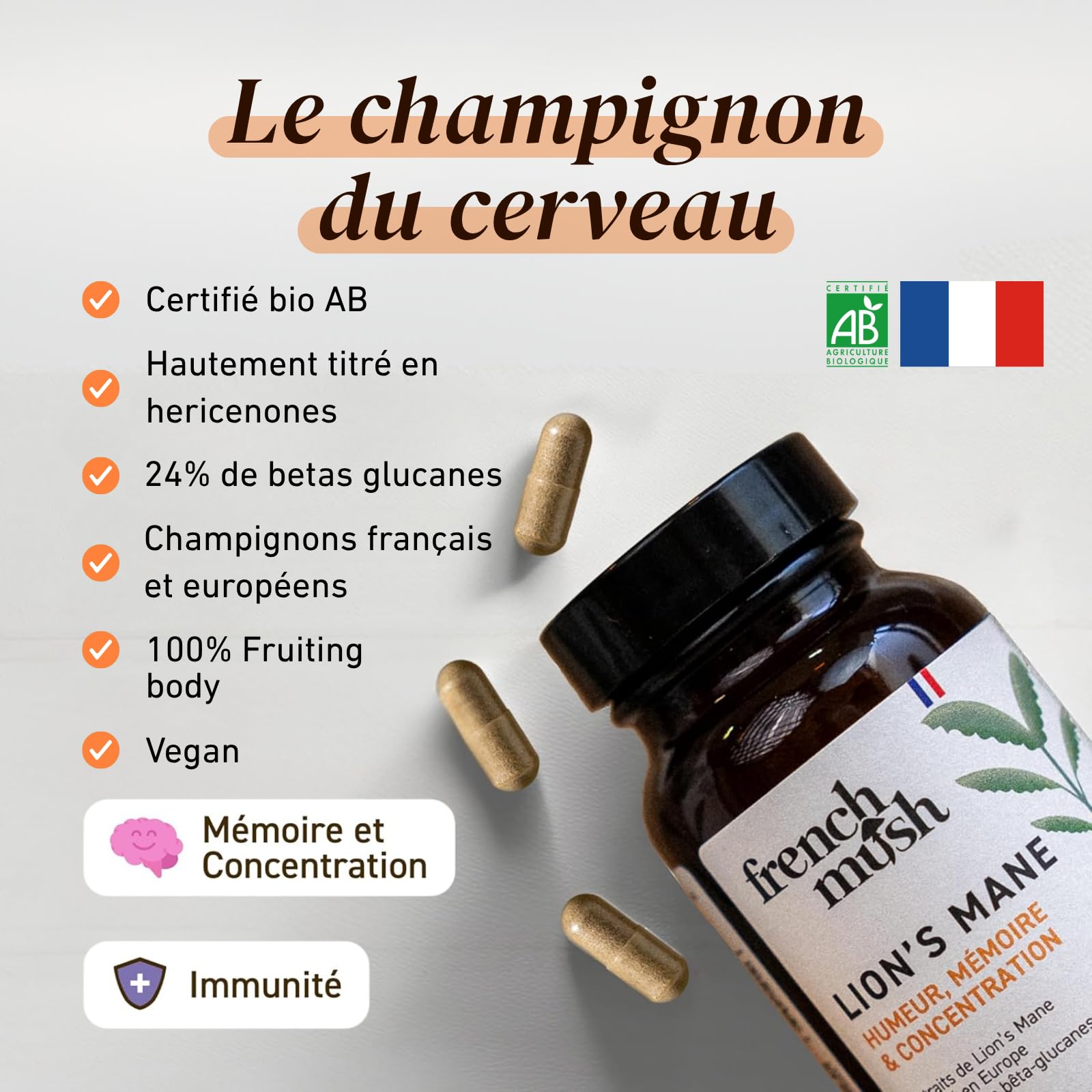 French Mush - Lions Mane Bio 8000 mg - 56 Gélules Vegan pour le Cerveau, Bien-Être, Stabilité Humeur - 1 à 2 Gélules/Jour - Extrait Crinière de Lion Riche en Molécules Bioactives - Fabriqué en France