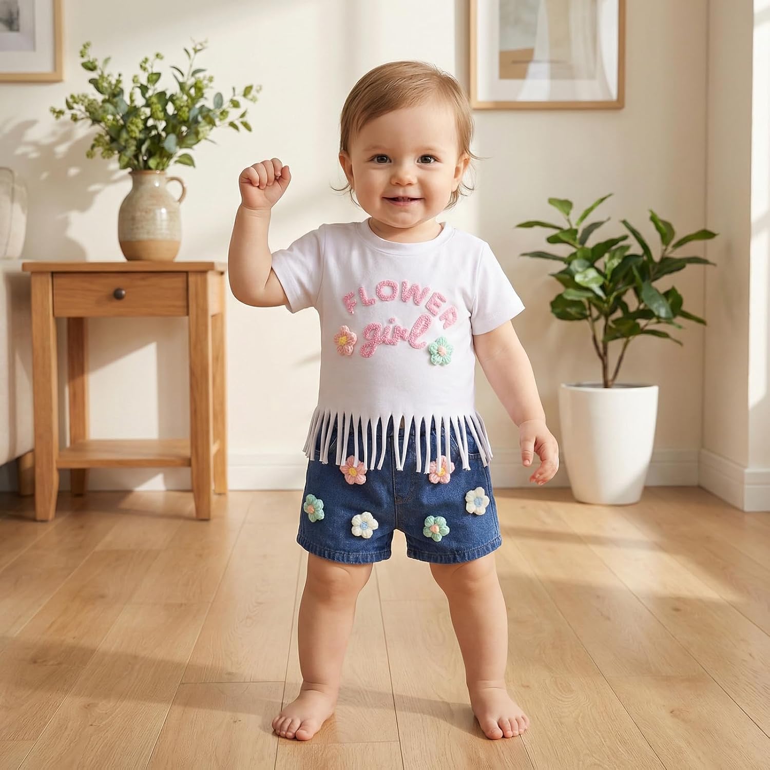 Toddler Baby Girls 2 Piece Outfits Flower Girl Embroide Embroidery Short Sleeve Tassel Tops Denim Shorts Set