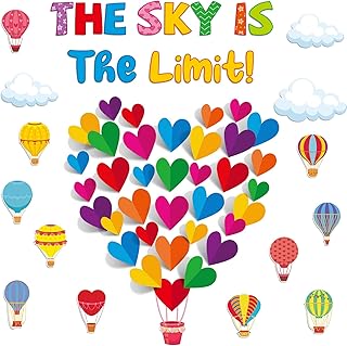 Hot Air Balloon Bulletin Board Set for Classroom Decoration 3D Colorful Heart Cloud Cutouts for Back to School Office Home Wall Door Decor The Sky is The Limit Theme Chalkboard Supplies