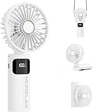 Morelax Handheld Fan, Portable Mini Fans, 5200mAh Rechargeable, Small Pocket Fan with 6 Speed Levels, USB, Foldable 180° for Home, Office, School, Outdoor, White