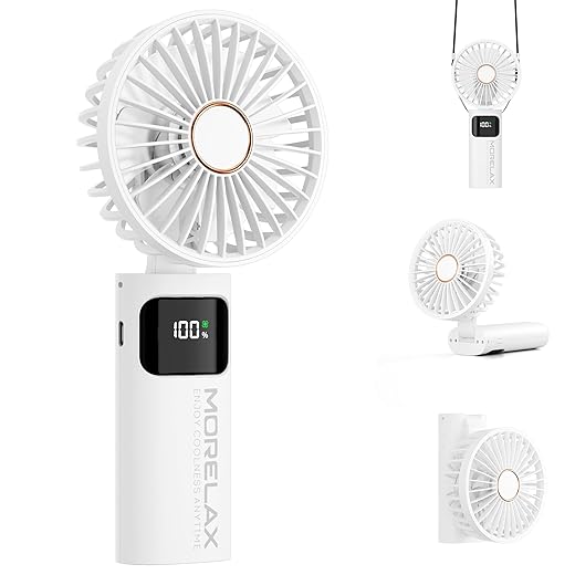Portable Handheld Fan, USB Rechargeable Foldable Mini Personal Fan, 5200mAh, 180 Adjustable, 6 Speed Wind, 3 IN 1 Hand Cooling Desk Fan with LED Display for Home Office School Outdoor Travel, White