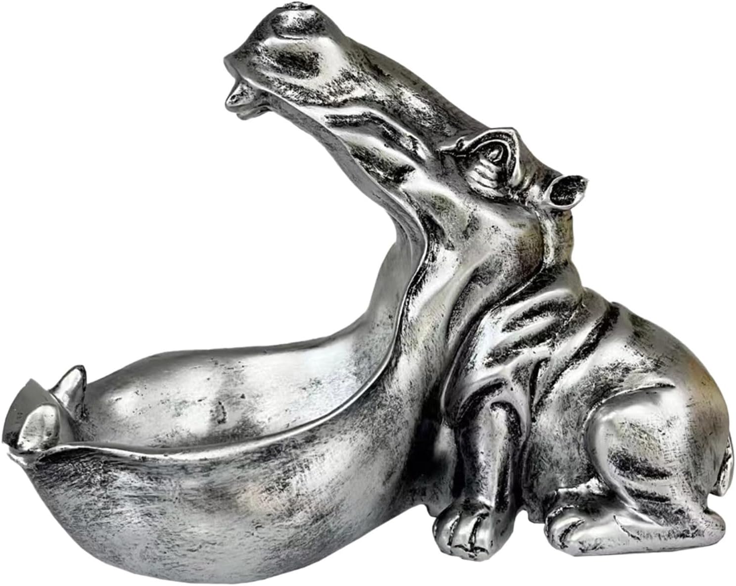 Gardening Ornaments Angry Hippopotamus Mouth Open Face Sculpture Polyresin Hippo Showpiece for Home Or for Put Any Type Products Wallets Optical Key Etc Garden Outdoor (Silver, One Size)