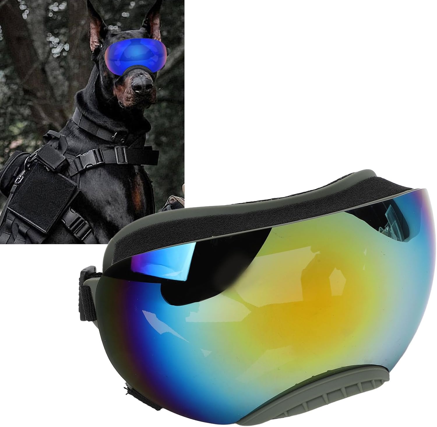 Adjustable Strap Pet Sunglasses, Dog Goggles Windproof Snowproof Anti Fog Eyewear for Dogs (Foliage Frame, Red Lens)