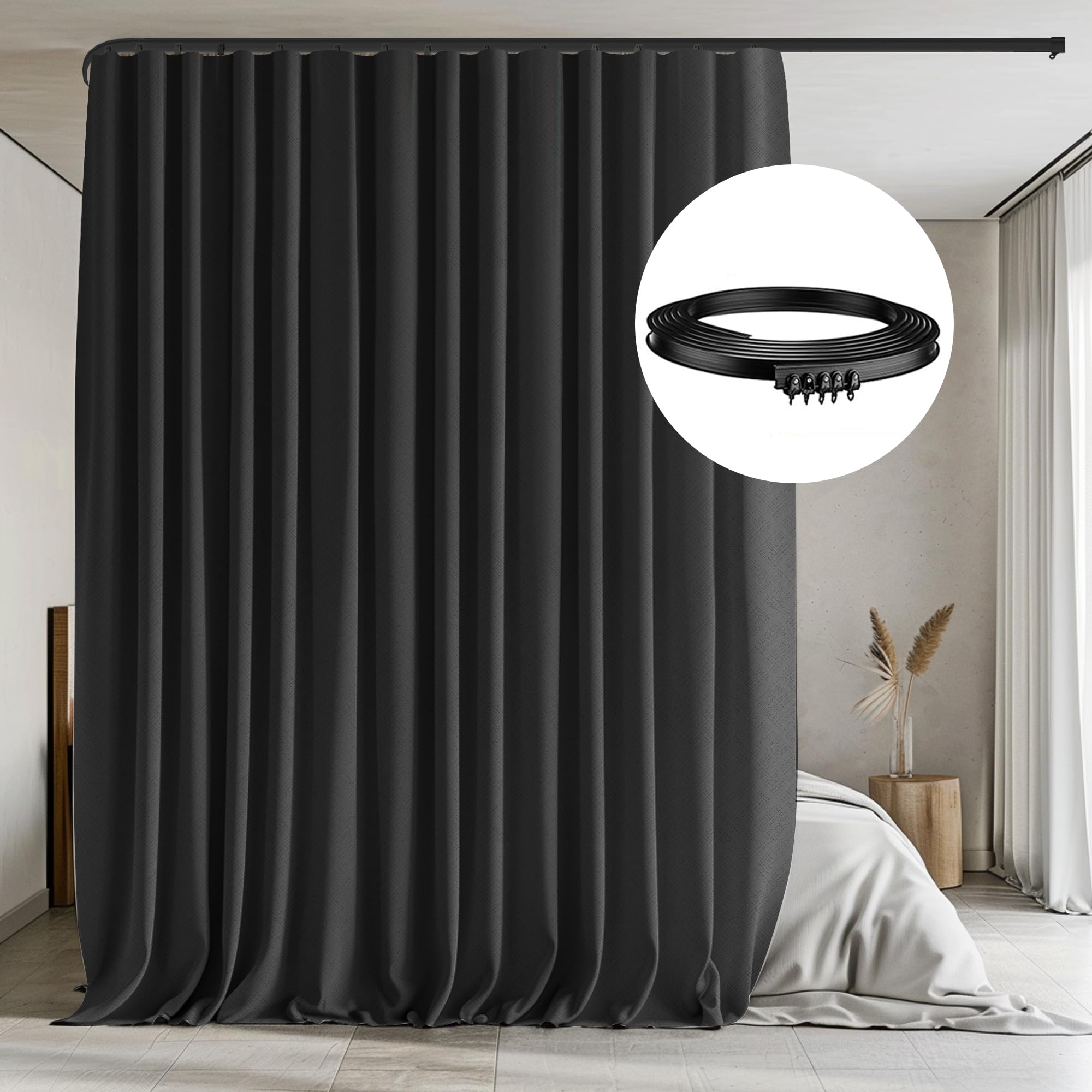 Room Divider Curtains with Flexible Ceiling Tracks Set,Blackout Curtain Ceiling Mount Curtain Track Privacy Room Dividers Ceiling Track Curtain Rod(Black Drape & Black Rail W 8.3 × H 7 FT)