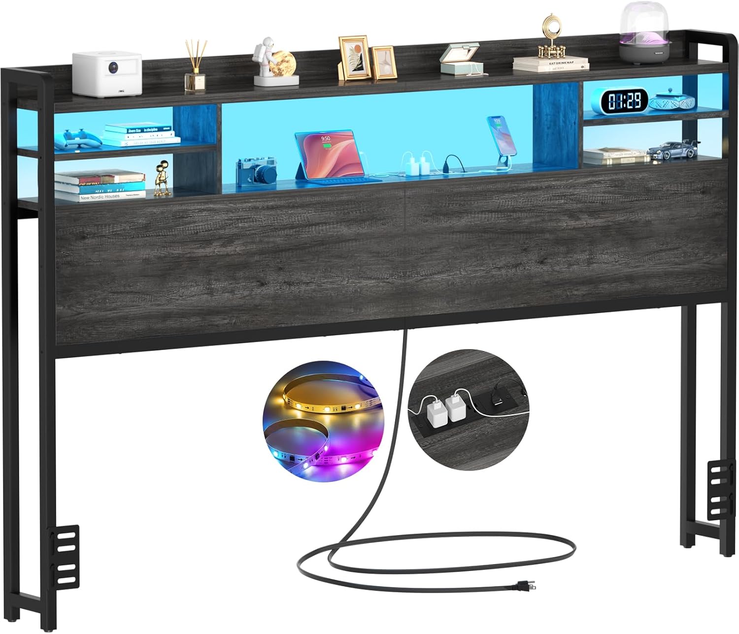 Aheaplus Headboard for Queen Size Bed with Storage, Headboards with LED Light, Power Outlets, USB Ports Queen Size Head Board, Wood headboard Only Sturdy and Stable Headboards, Modern, Black Oak Black Oak Queen