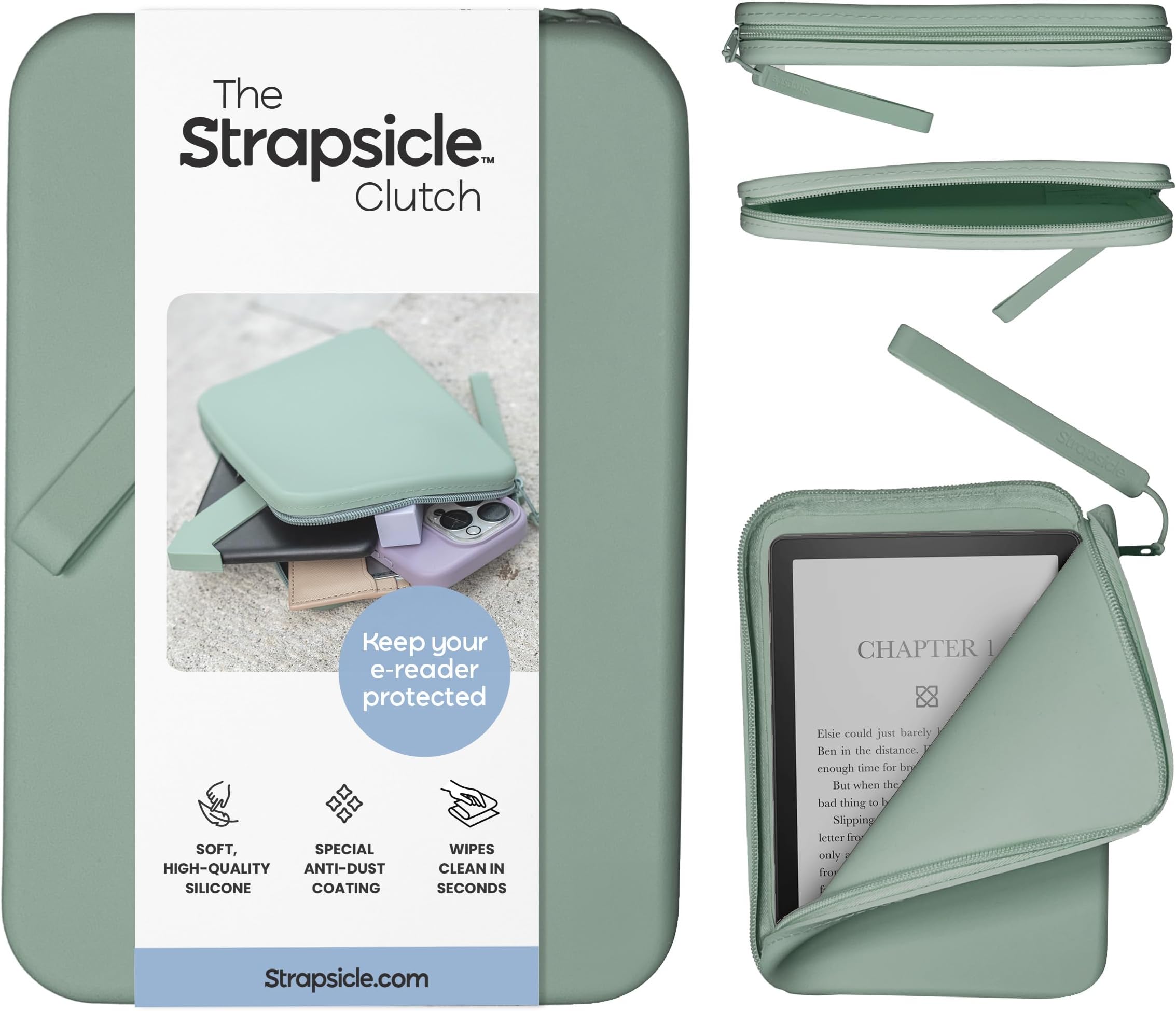 Silicone Clutch for Kindle & E-Readers – Multi-Purpose Bag for Phone, Wallet & Keys – Fits 6.8″–7″ Paperwhite 2024, 6″ Kindles, Kobos, Nook & iPad mini 6 – Anti-Dust Coating - Sage