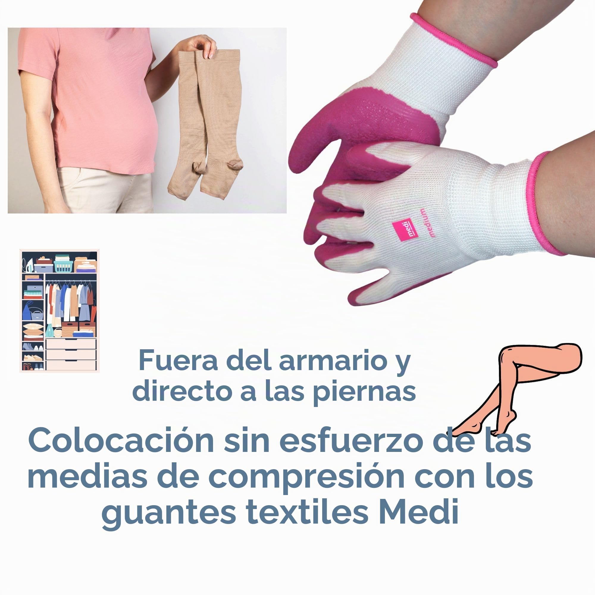 Medi - Guantes textiles (par) para una fácil colocación de medias de compresión, incluye red de lavandería Olanmarp - Fácil manejo (guantes talla M)