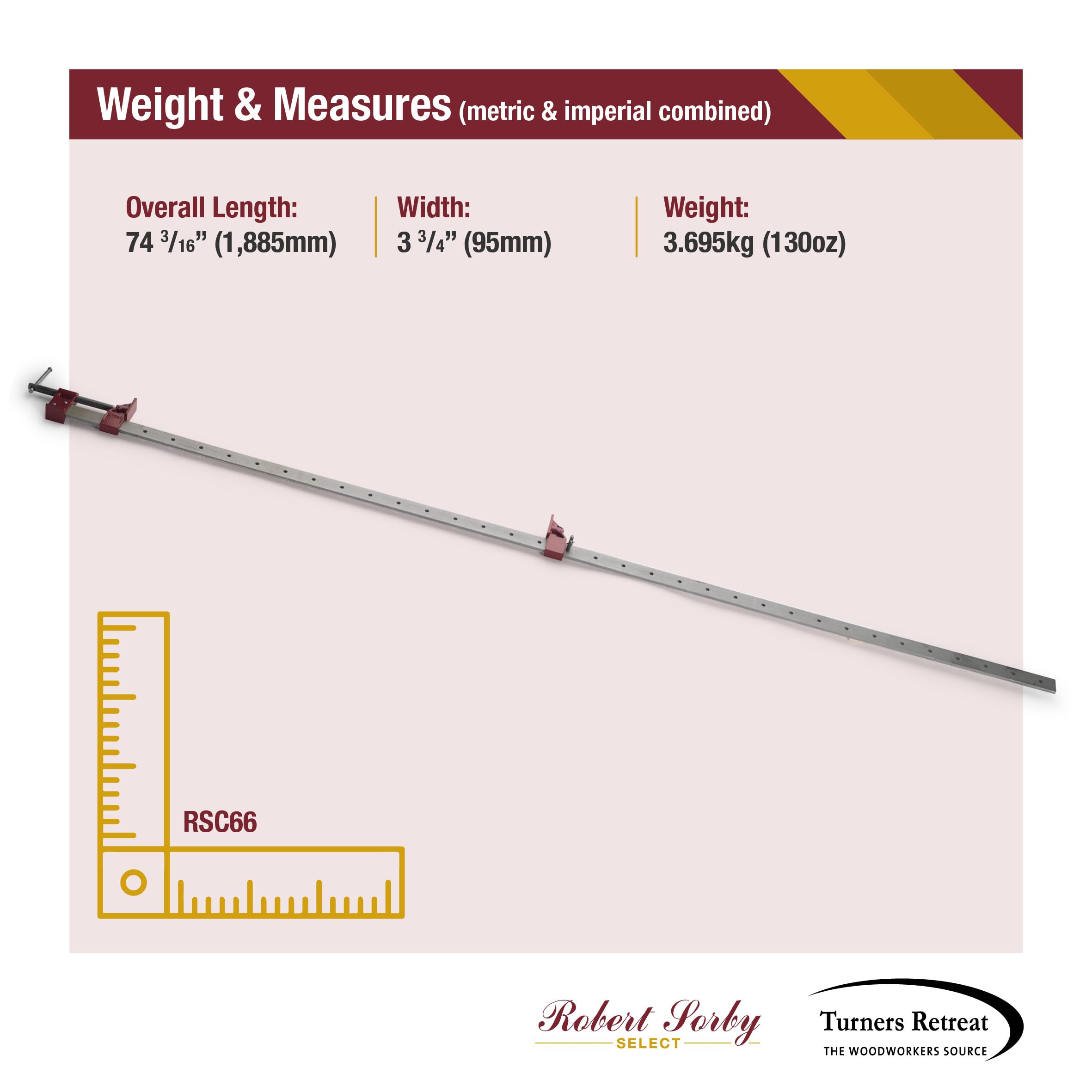 Robert Sorby Select Sargento de Barra 1676mm 66", Prensa Carpintería de Acero 500kg Fuerza de Sujeción, Mordazas Paralelas con Rosca Acme