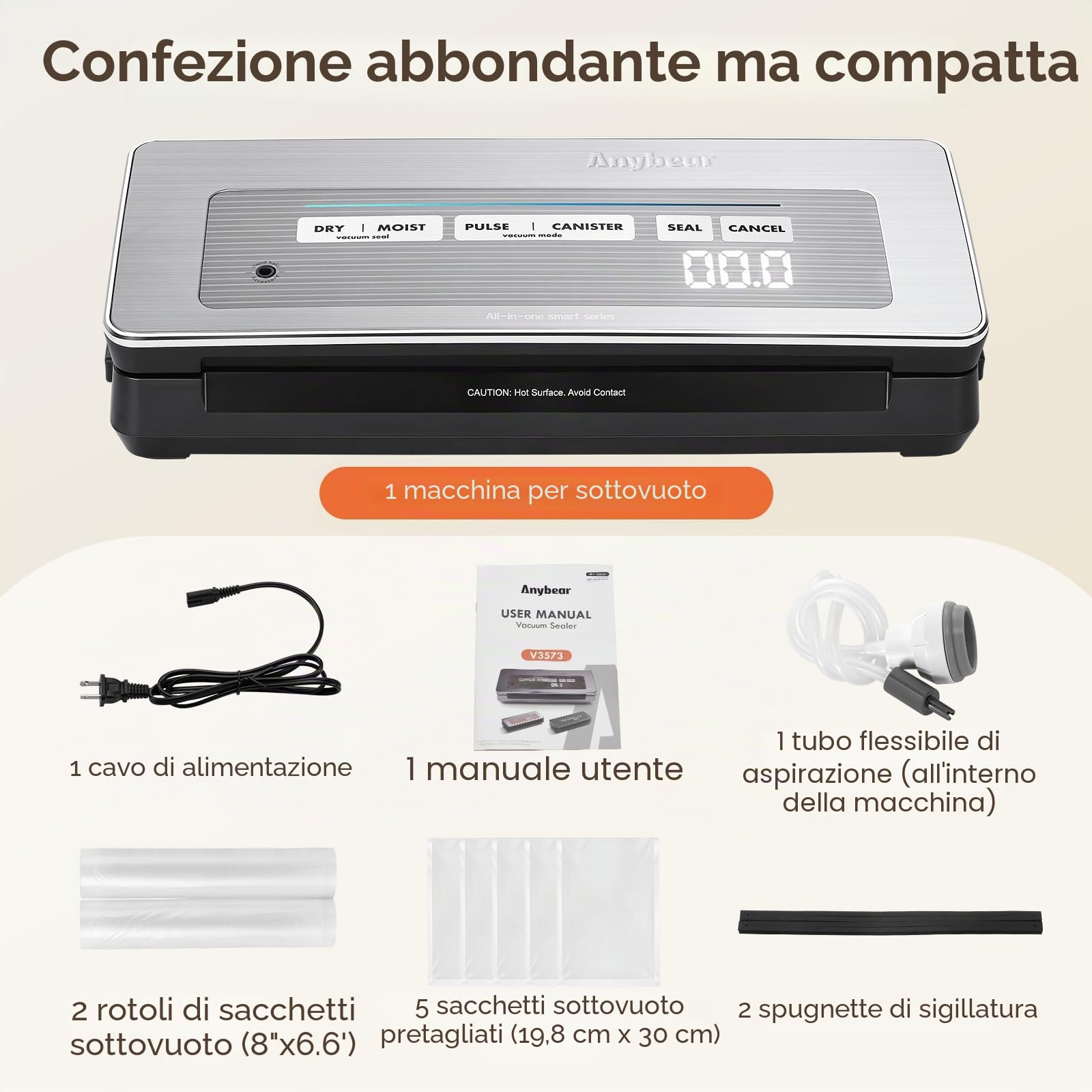 Macchina per sottovuoto 90kPa, 100W, potente sigillatura larga, conservazione degli alimenti, taglierina integrata, contenitore per sacchetti (Argento)