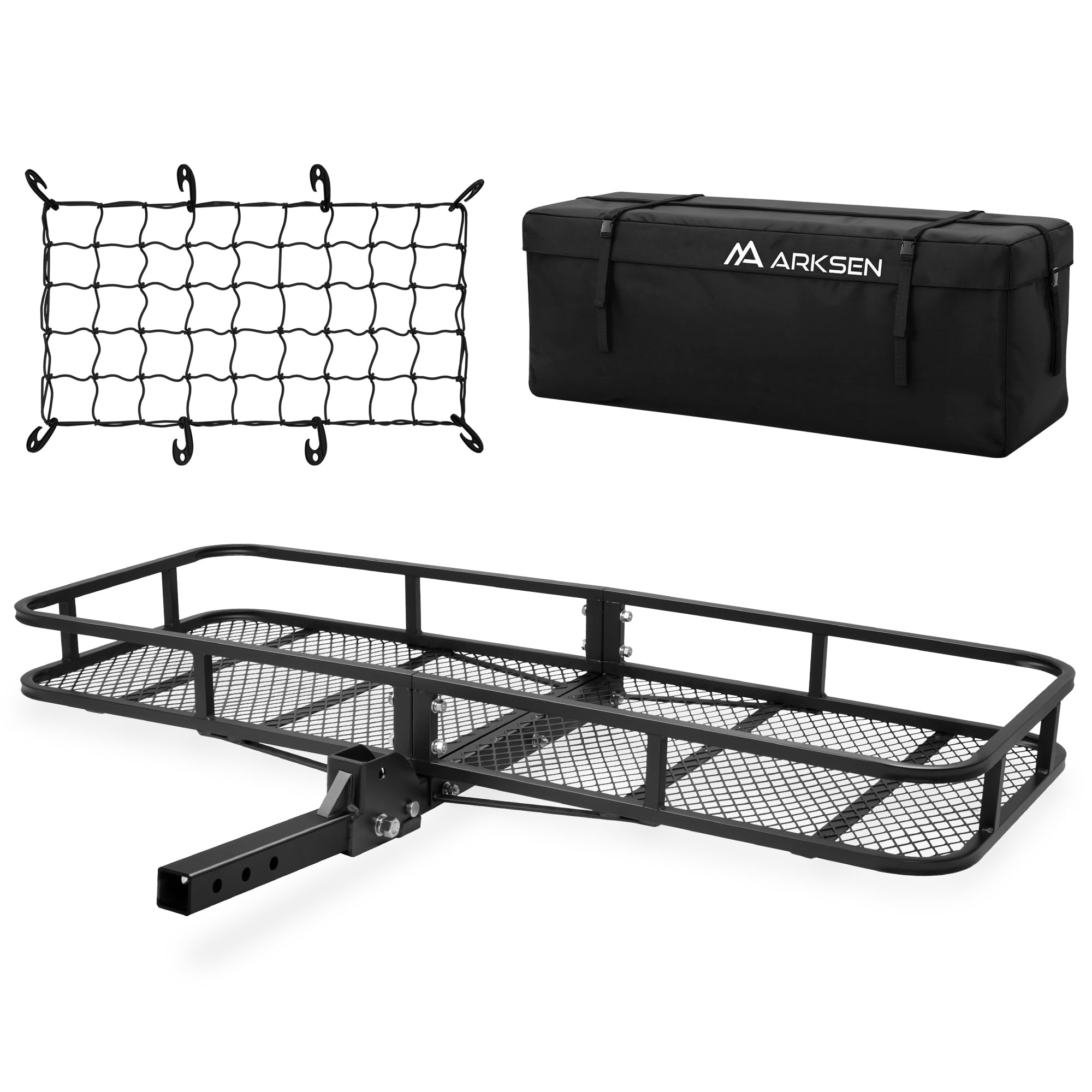 ARKSEN Cesta para maletero de 60" x 61-3/4" con gancho de remolque, con bolsa de carga y red de nailon Combo de 5 cm, receptor de camping, caravana, SUV