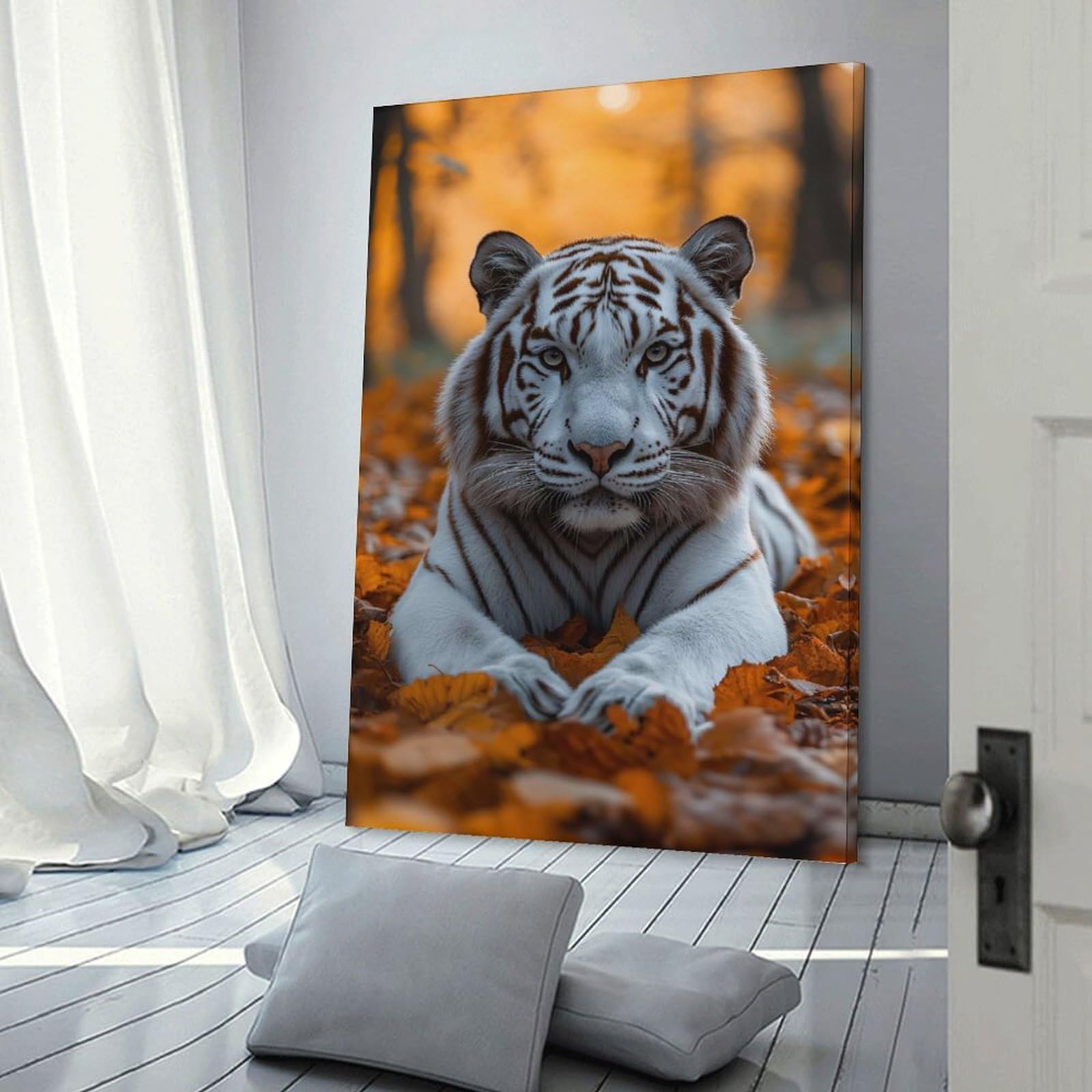 Junmoney White Tiger in Autumn Leaves Wall Art Print, 24x36inch(60x90cm), for Living Spaces, Bedrooms Or Relaxed Rooms, Decorative Artwork for Empty Walls
