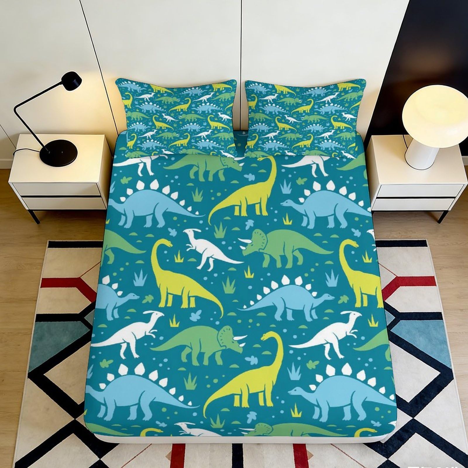3D Printed Dinosaur Pattern Fitted Sheet Microfiber Soft Breathable Prehistoric Bed Cover for Bedroom Dormitory Guest Room Mattress Protection 90x200x25cm