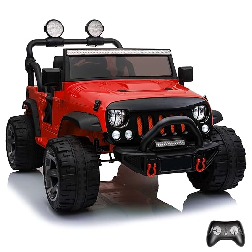 Kids Republic 2-Seater 24V Electric Ride-On Jeep with Full LED Lights, Parental Remote Control, MP3 Player, and 3 Speeds for Kids (24V Red)