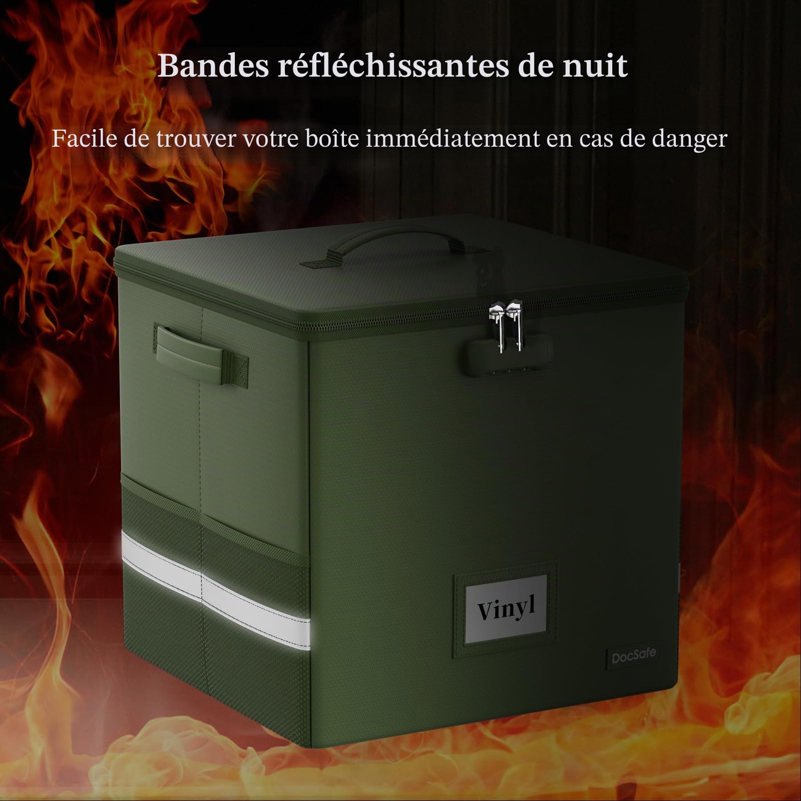 DocSafe Mallette de transport pour disques vinyles résistante au feu avec serrure, vert, 33 x 33 x 33cm, Moderne