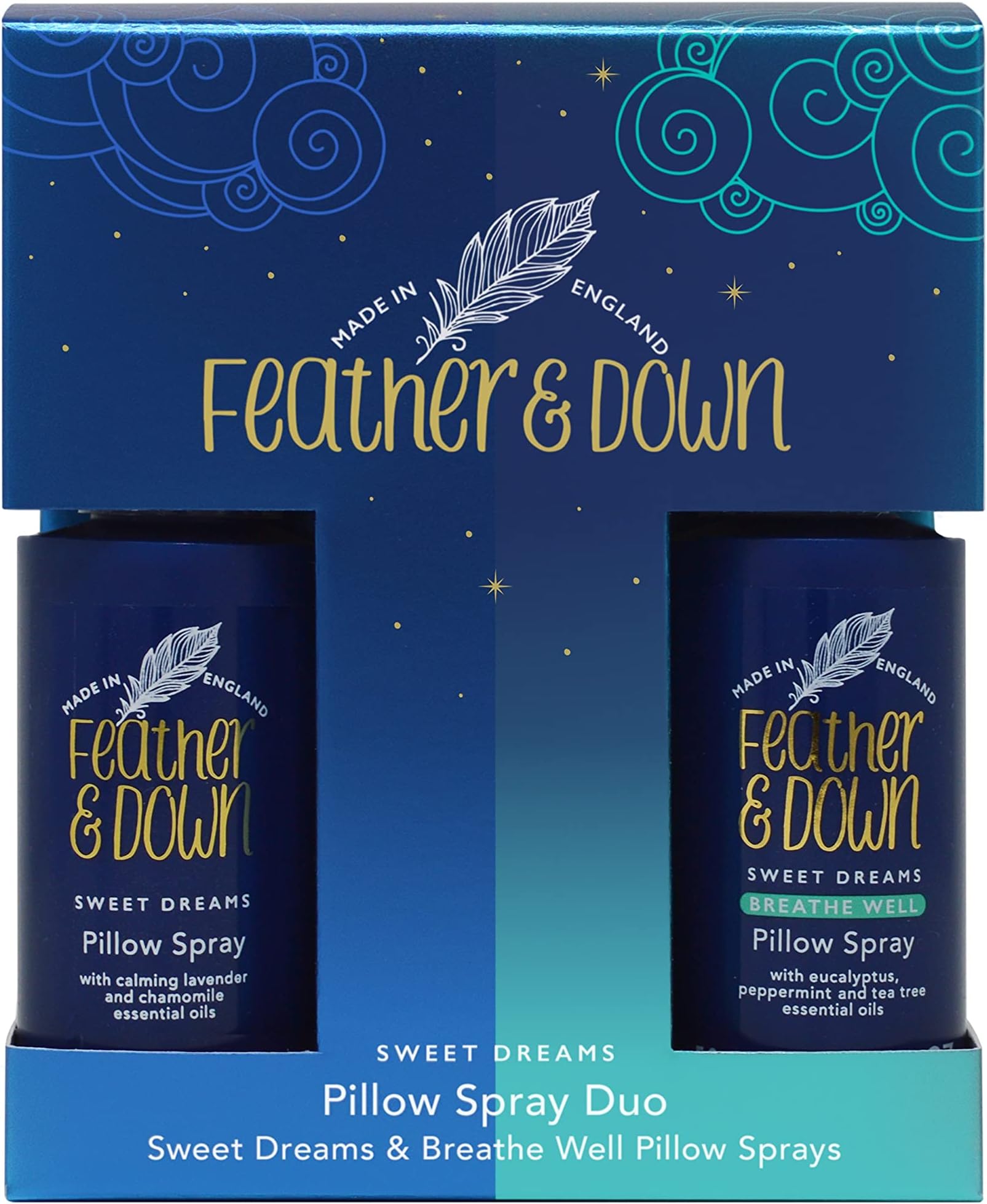 Feather & Down Pillow Spray Duo Set (50ml Sweet Dreams Pillow Spray & 50ml Breathe Well Pillow Spray) - The Perfect Combination for a Peaceful Night's Sleep.