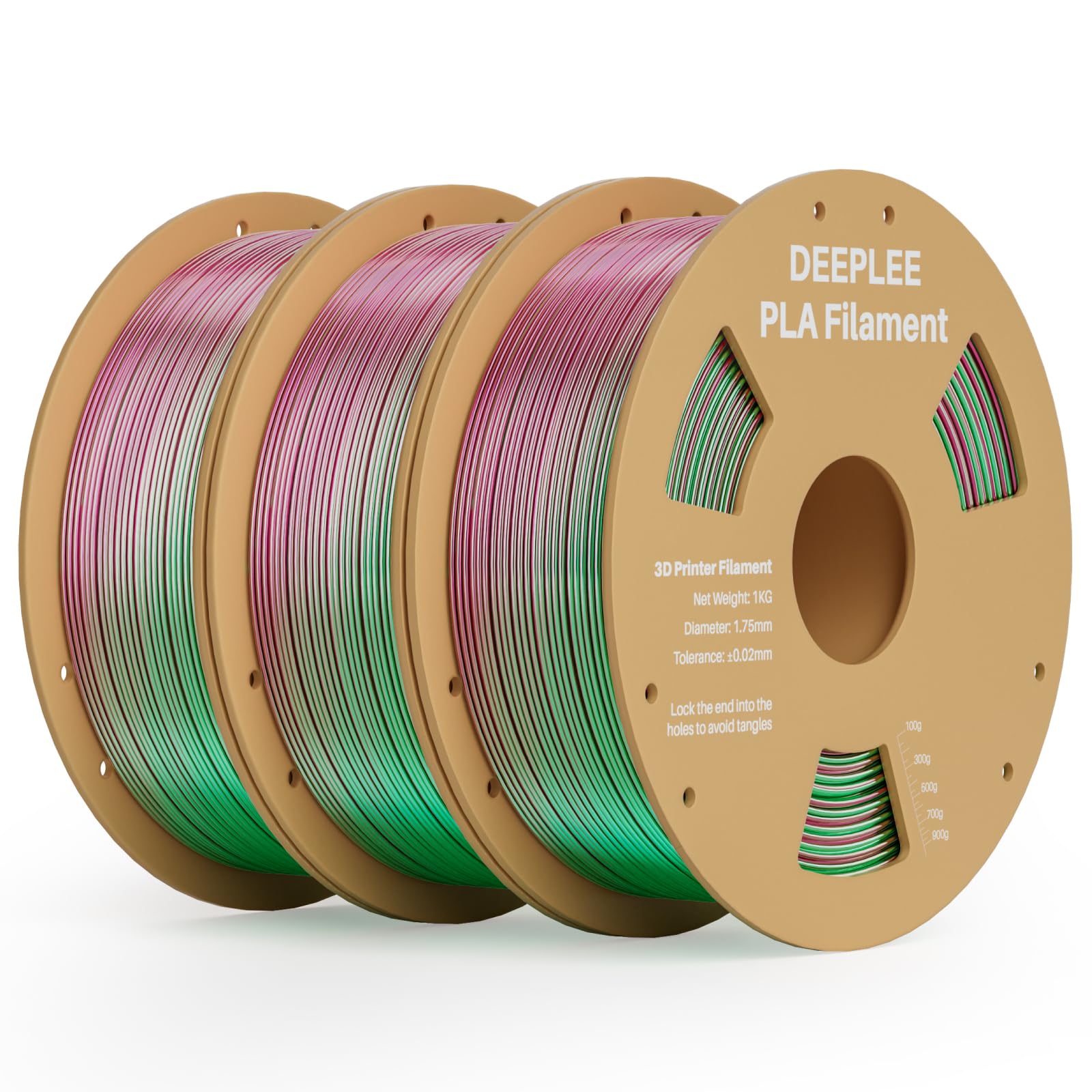 DEEPLEE Filament Silk PLA, Shiny Silk do drukarki 3D, 1,75 mm, wielokolorowy filament PLA, dokładność pomiaru +/- 0,02 mm, szpula 1 kg, podwójny kolor, czerwony i zielony, 3 kg