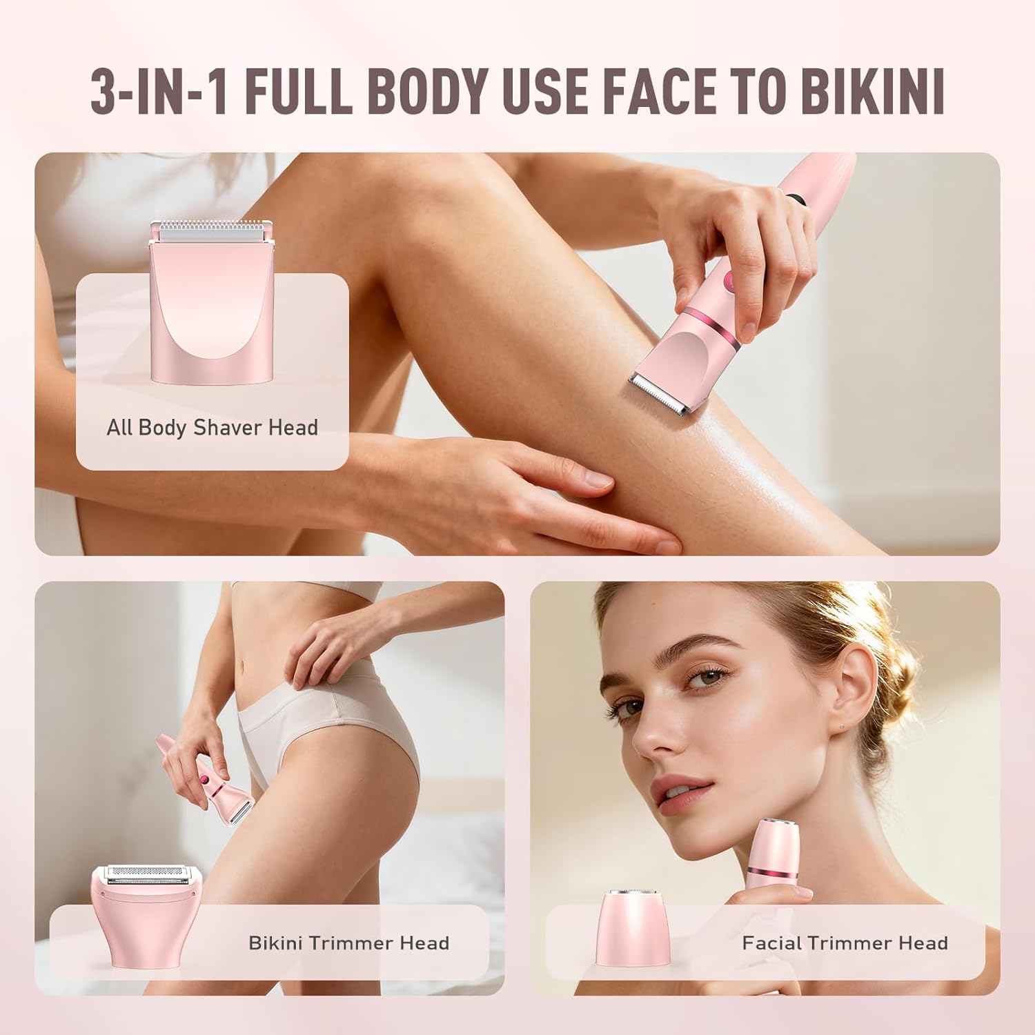 Bikini Trimmer for Women, 3-in-1 Electric Razors for Women, IPX7 Waterproof Rechargeable Cordless Pubic Hair Shaver, with LED Display, for Ladies Bikini Pubic, Face, Underarms, Legs(Pink) - Image 6