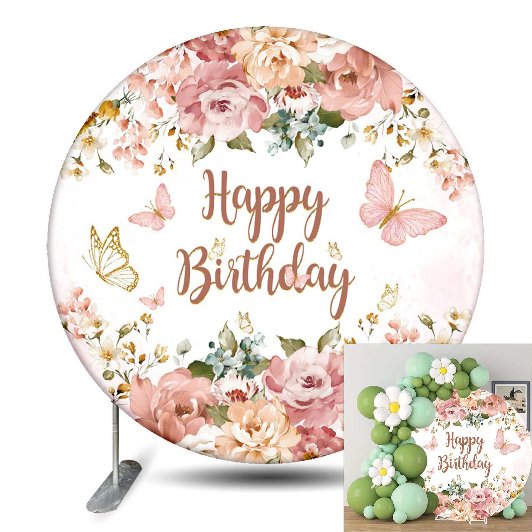 Renaiss Rose Happy Birthday Round Backdrop Cover 6.5ft Polyester Fabric Pink Rose Flowers Butterfly Floral Circle Backdrop Cover for Woman Bitrhday Party Decorations Photo Prop
