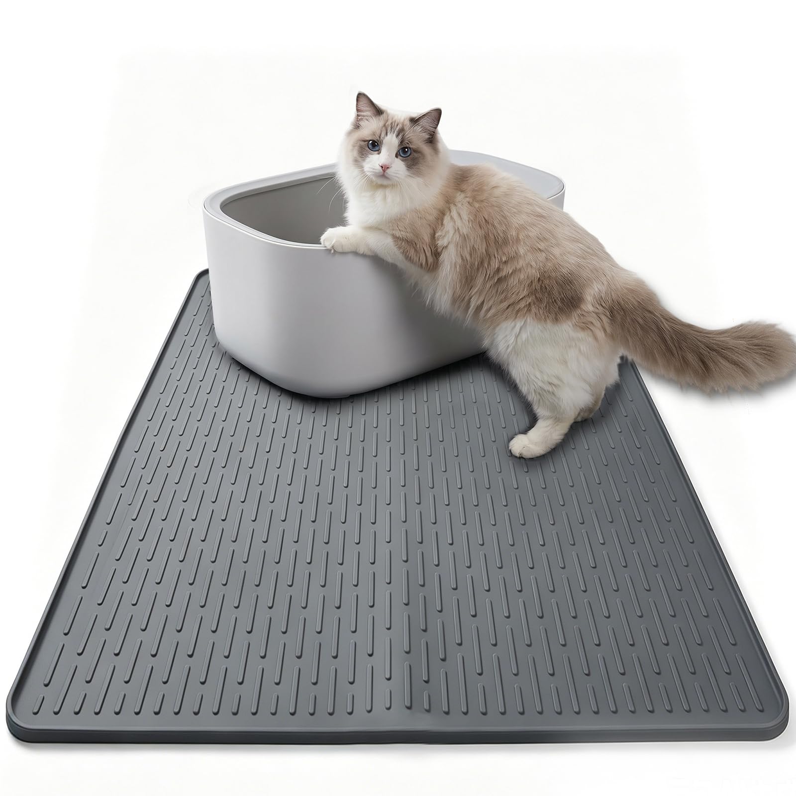 Silicone Cat Litter Mat 86x56 cm, Urine Waterproof Trapping Large Mat Litter Tray with Raised Edges, Cat Litter Tray Liners Mat Easy to Clean and Includes a roll of pet garbage bags, Grey