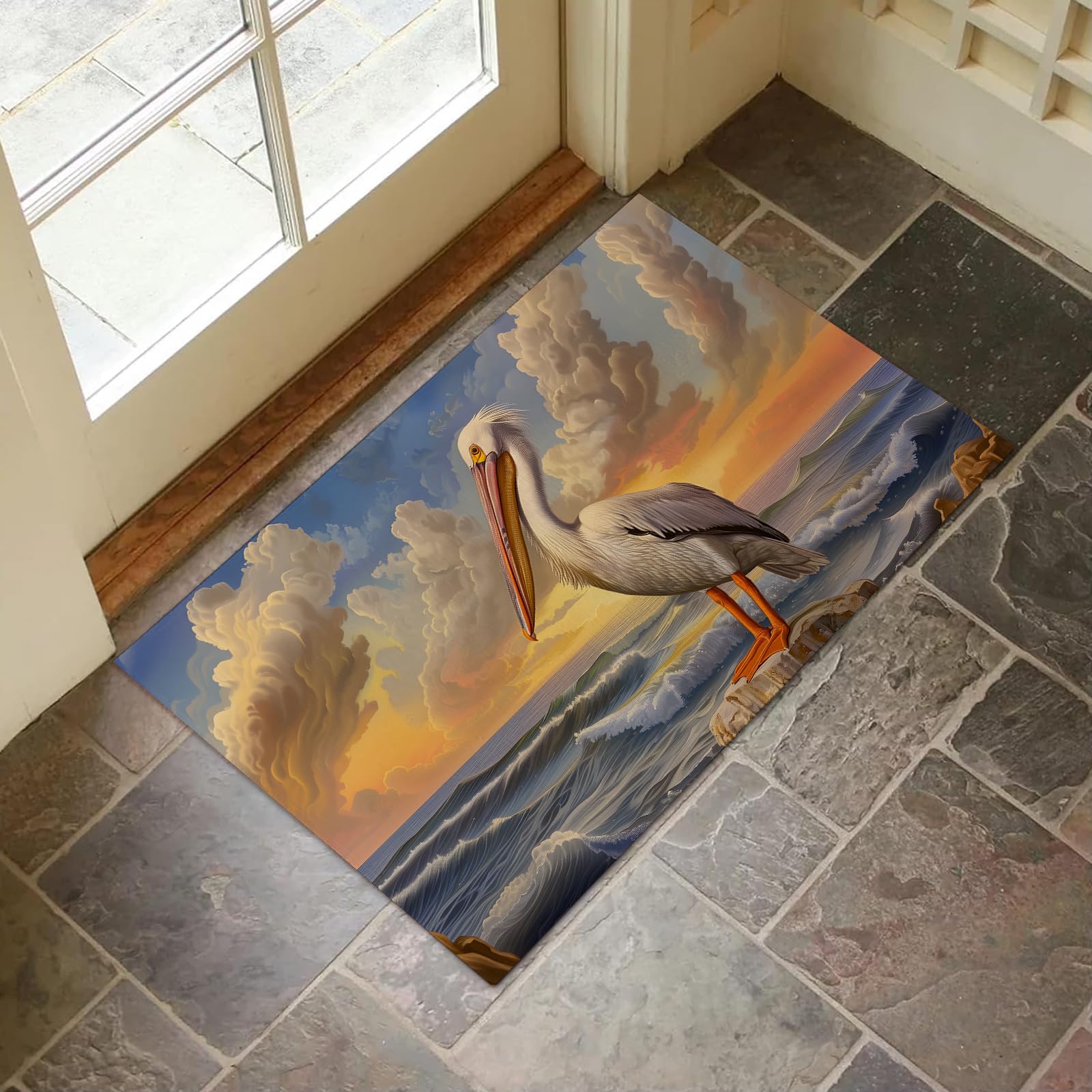 VANZEV Pelican Sunset Indoor Door Mat for Entryway, 17x29.5 Inch, Coastal Bird and Ocean Floor Doormat for Home Decor, Non-Slip Rug Mat for Living