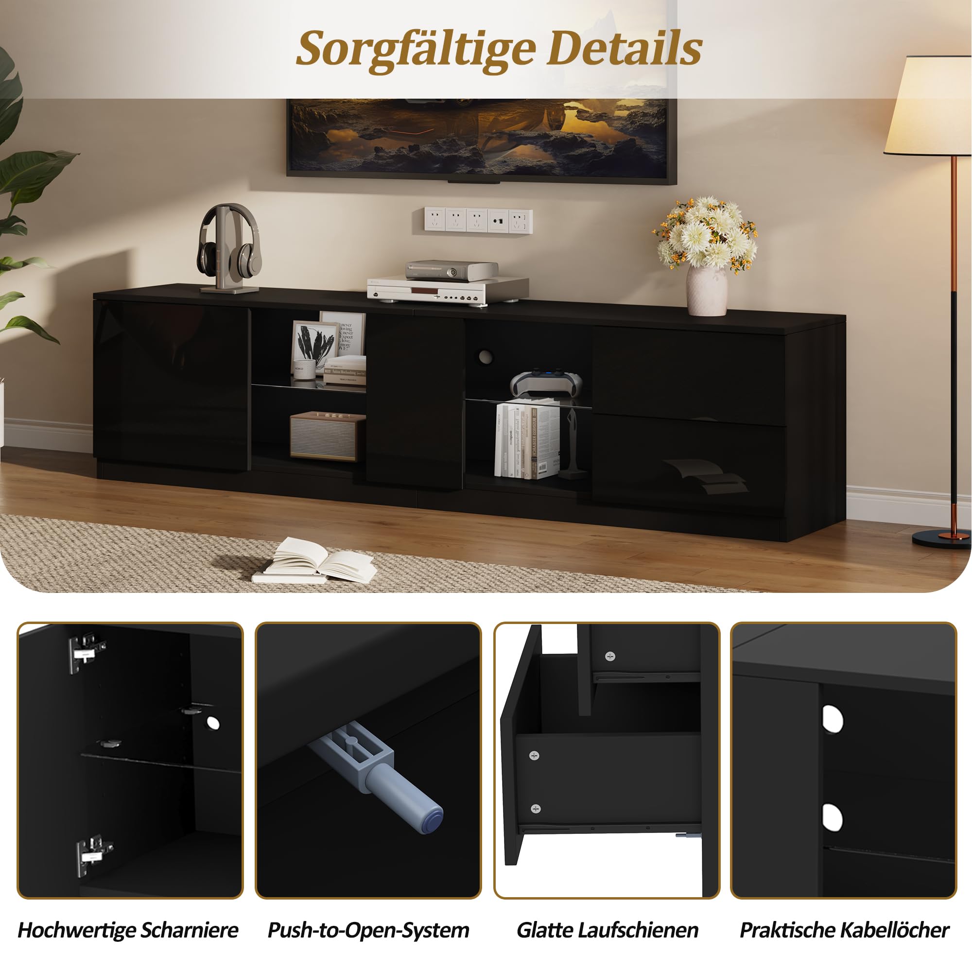 Mueble bajo de TV de 160 cm con puertas y cajones, armario de TV con iluminación LED, soporte de TV, armario para sala de estar, TV para televisor de 65 pulgadas, color negro