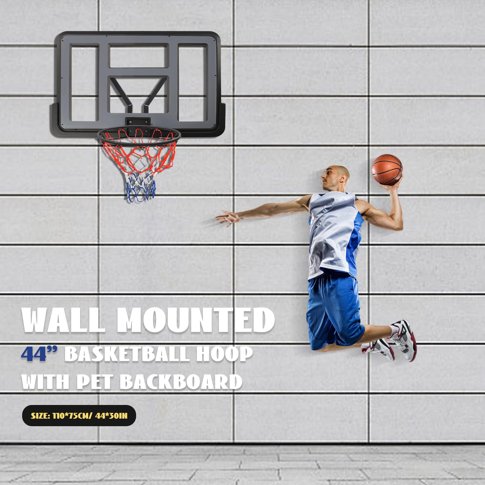 MhdunueSK Basketball Backboard and Rim with Double Spring Screw Design,Black and Clear Basketball Wall Mount for 7# and Below Basketball,17.72In Rim Diameter,Backboard Size 44 * 30In
