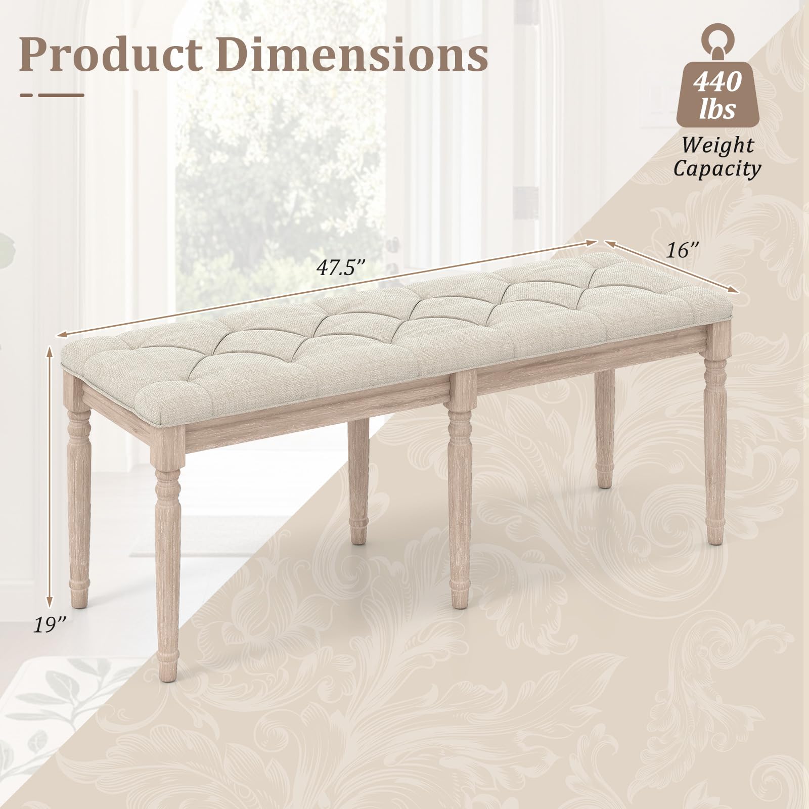Giantex 47.5-inches Upholstered Dining Bench, Button-Tufted Table Bench with Carved Rubber Wood Legs, Padded Seat, Load 440Lbs, Vintage End of Bed Ottoman for Entryway, Living Room, Bedroom (1,Beige)