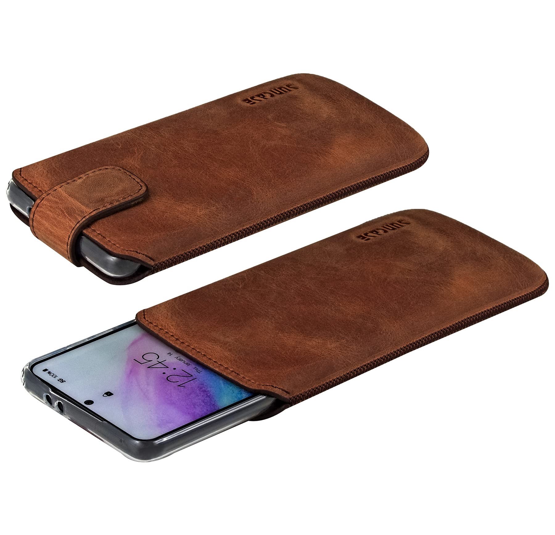 Suncase ECHT Ledertasche Leder Etui kompatibel mit iPhone 16 Pro (passend mit dickere Bumper/Silikon Case : innen Maße - 155 x 76 x 14 mm) in antik Coffee