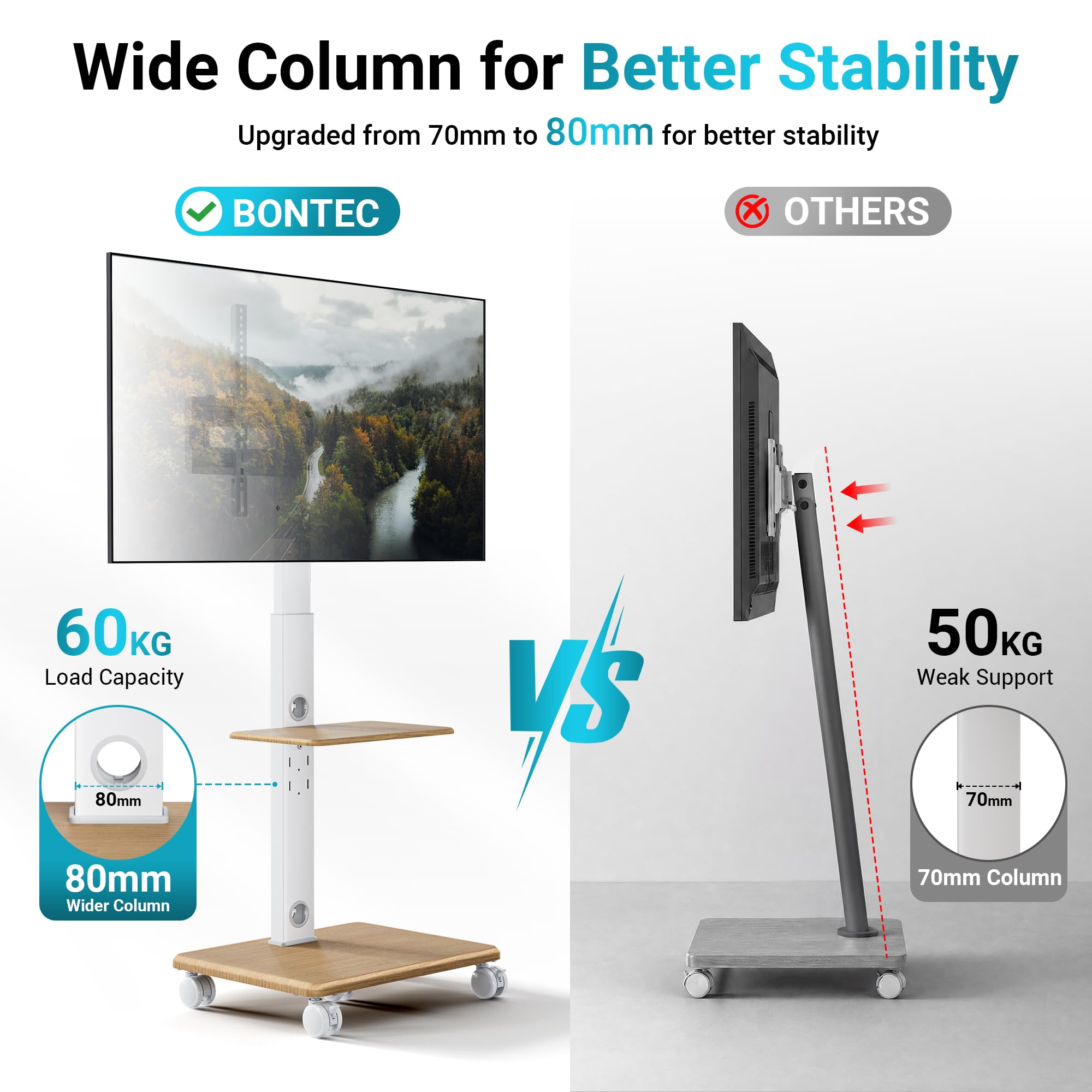 BONTEC Support TV sur Pied à 5 roulettes, 32-80 Pouces, Charge 60 kg | Pied TV Universel Hauteur Réglable 1210-1500 mm, Inclinaison, Pivotement, Socle en Bois, VESA 600 x 400 mm