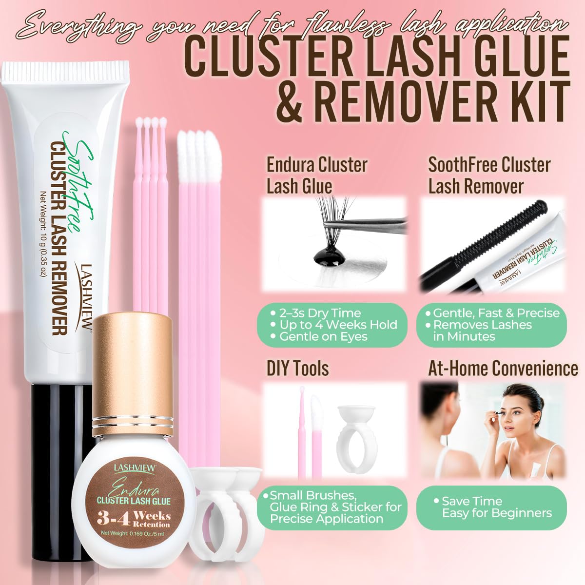 LASHVIEW Cluster Lash Glue & Remover Kit Super Strong Hold 4 Weeks+ Long-Lasting Glue, Waterproof Formula, Easy at-Home Removal,Includes DIY Lash Supplies
