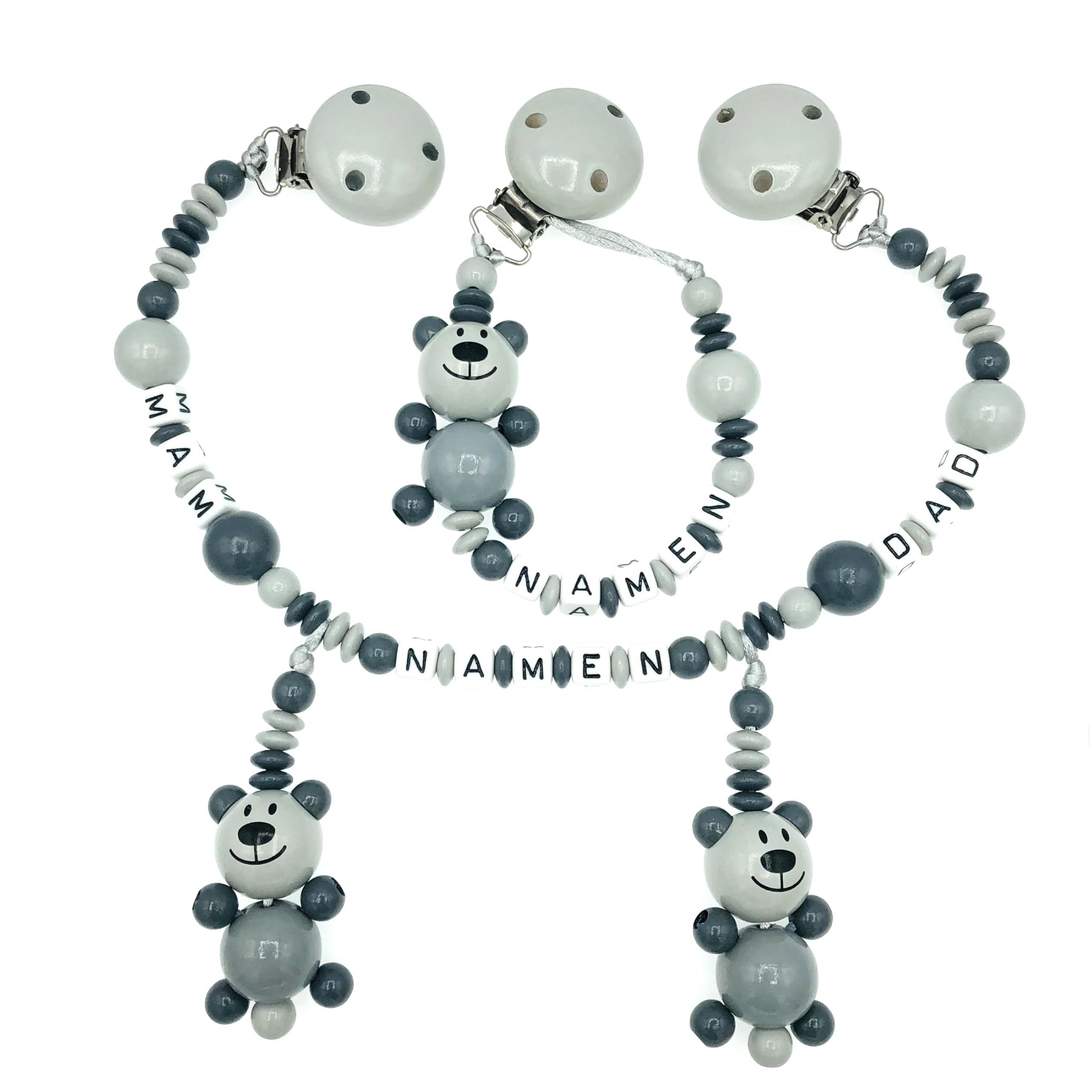Set Nuckelkette + Kinderwagenkette mit Namen " 3D - BÄR/TEDDYBÄR " Hellgrau Grau/Baby/Unisex/Personalisiert/HANDMADE
