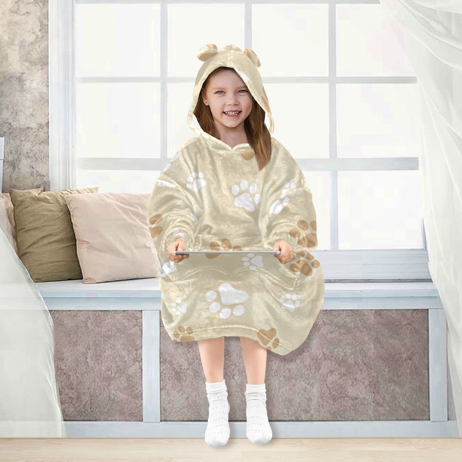 Felpa con cappuccio oversize per bambini, con stampa di zampa di cane marrone con sfondo caldo in pile, indossabile per ragazze e ragazzi, tasca frontale spaziosa, berretto per orecchie carino