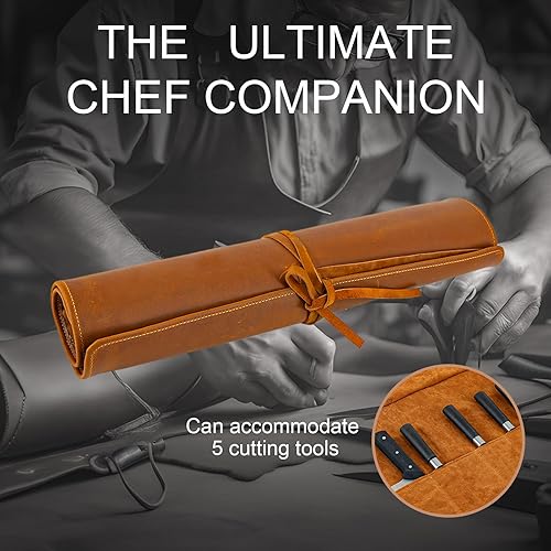 Miniatura 4 de Bolsa enrollable de cuero auténtico, 5 cuchillos y utensilios de cocina, perfecta para el chef viajero, bolsa de rollo de herramientas de viaje, no