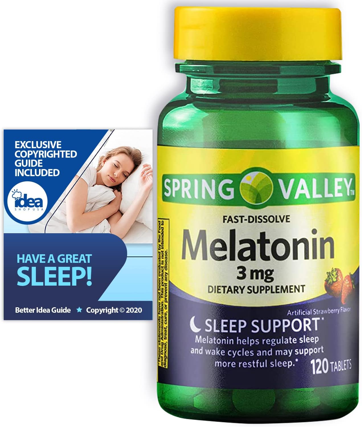 Melatonin Fast Dissolve Tablets, Sleep Support by Spring Valley, 3 mg, 120 Ct (1 Pack) + “Have a Great Sleep - Better Idea Guide©”
