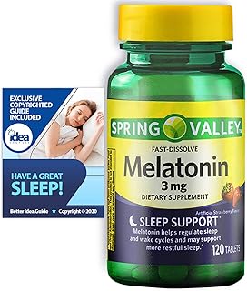 Idea Shop USA Comprimidos De Dissolução Rápida De Melatonina, Suporte Para Dormir De Spring Valley, 3 Mg, 120 Ct (1 Pacote) + “Tenha Um Ótimo Sono - Guia De Ideias Melhores”