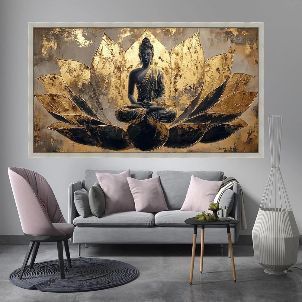 GOSRD Canvas Golden Buddha Lotus Zen Wall Art Home Decor Living Room Arts Posters(70X140cm/Frameless)