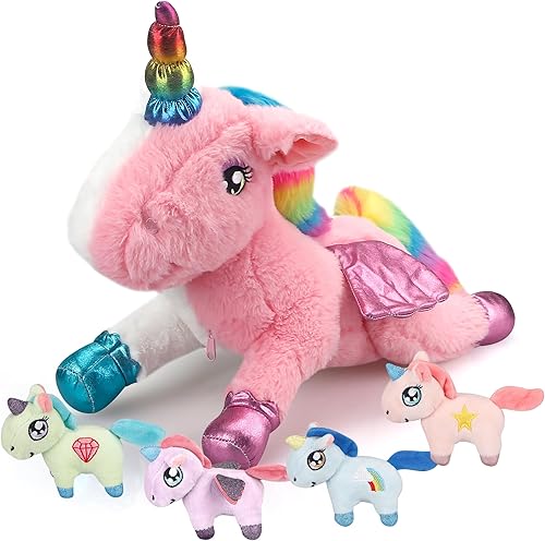 Miniatura 1 de Vrapo Juguetes de peluche para mamá unicornio con 4 bebés dentro de su barriga, animal de peluche suave para niñas de 3, 4, 5, 6, 7, 8 años, lindos